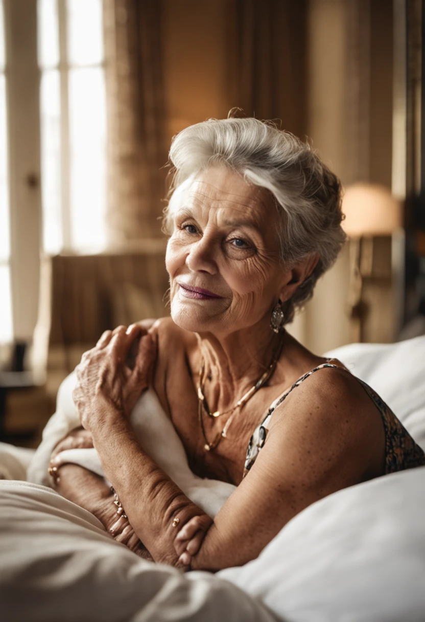 well dressed sexy senior woman 60 years old with wrinkles lying on bed in a bikini