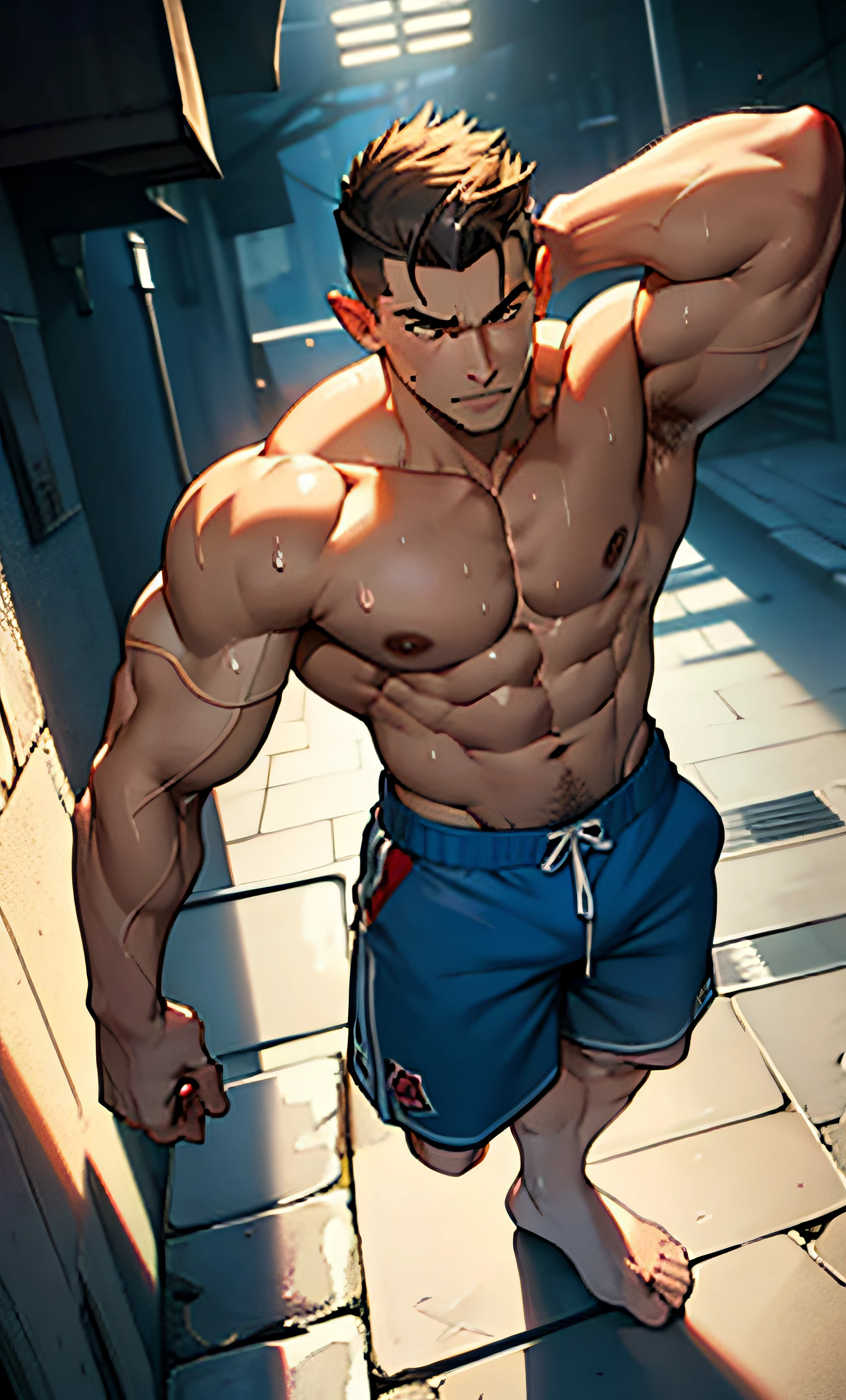 (photo angle from the bottom up) (highest quality image) elf boy, beardless, cute young face, royal, young, , wearing short triangle shorts showing his thighs giant solid, standing, cute young face, undercut hair, giant muscular chest muscles, big muscular thighs, muscular biceps, muscular muscles developed and developed, clear 8-pack abs, sinewy, topless, white skin, super-glossy skin, dripping sweat, hands scratching head, feet without shoes