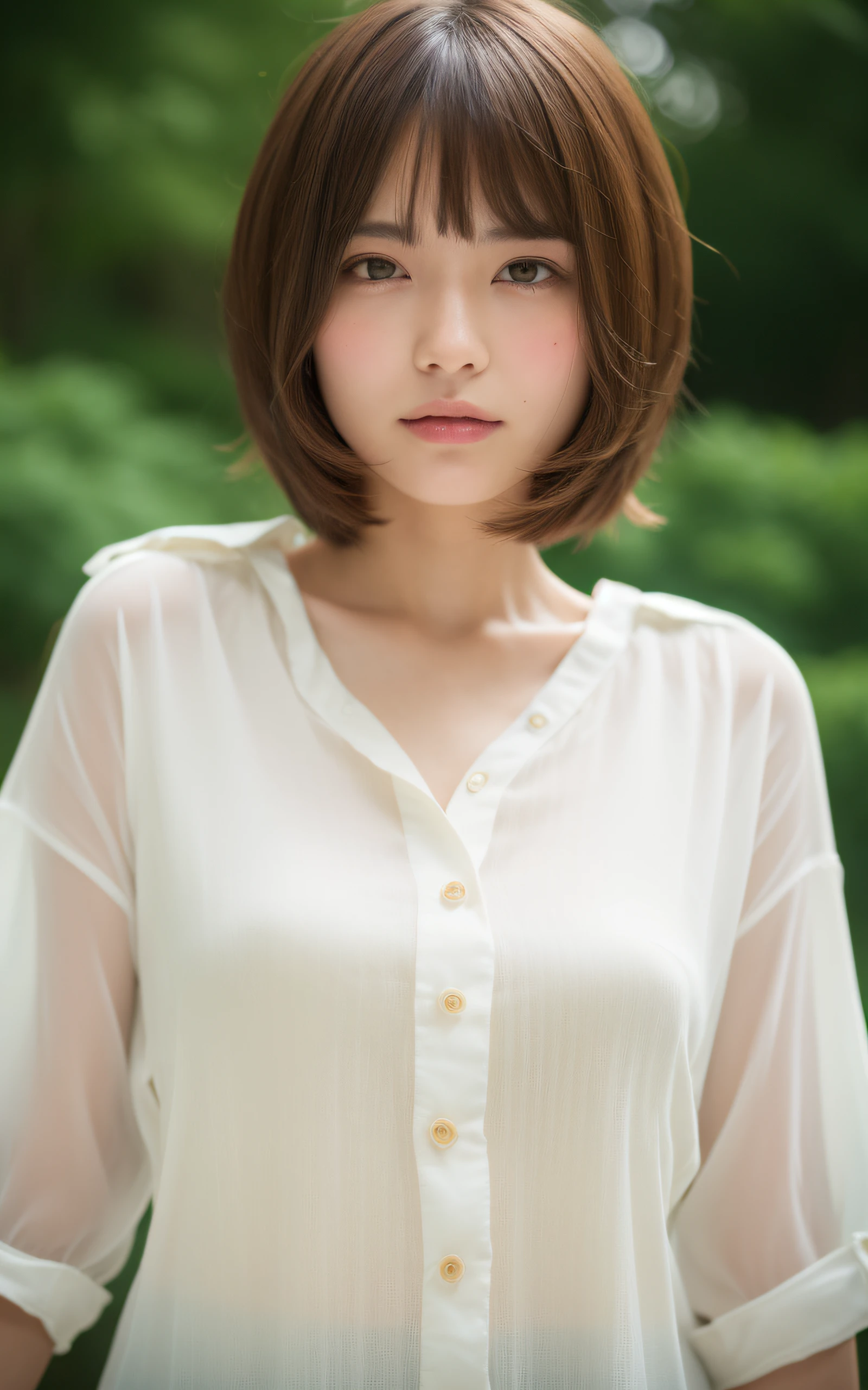 ((Best Quality, 8K, masutepiece: 1.3)), Sharp Focus: 1.2, A pretty girl with perfect figure, Beautiful thighs, ((Layered Haircut)), (White shirt with buttons: 1.1), Highly detailed face and skin texture, Detailed eyes