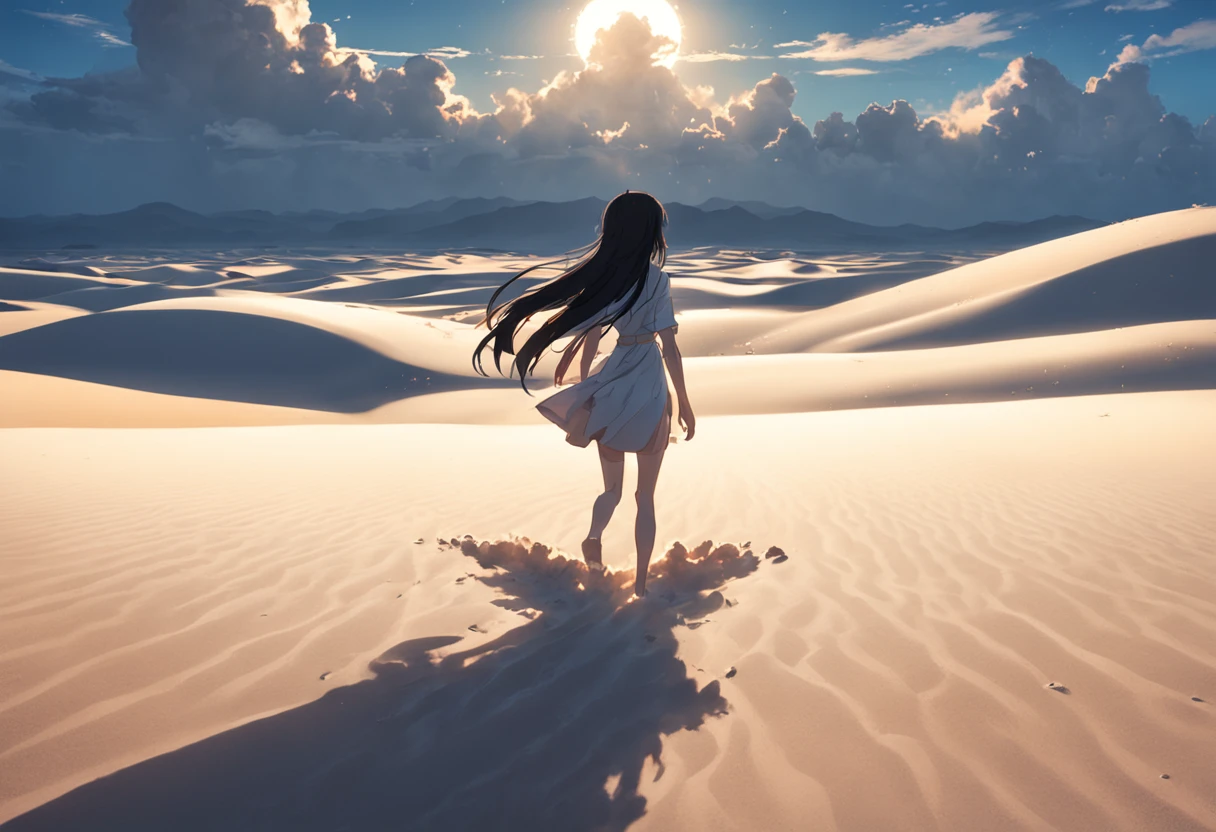 A great desert of white sands with no end in sight, Antecedentes altamente detalhados,Realistic,ultra-detalhada,pele super detalhada,Brilho da Luz,filmic grain,Expro II,Reflexo da lente,sharpen,Cinematic shadow