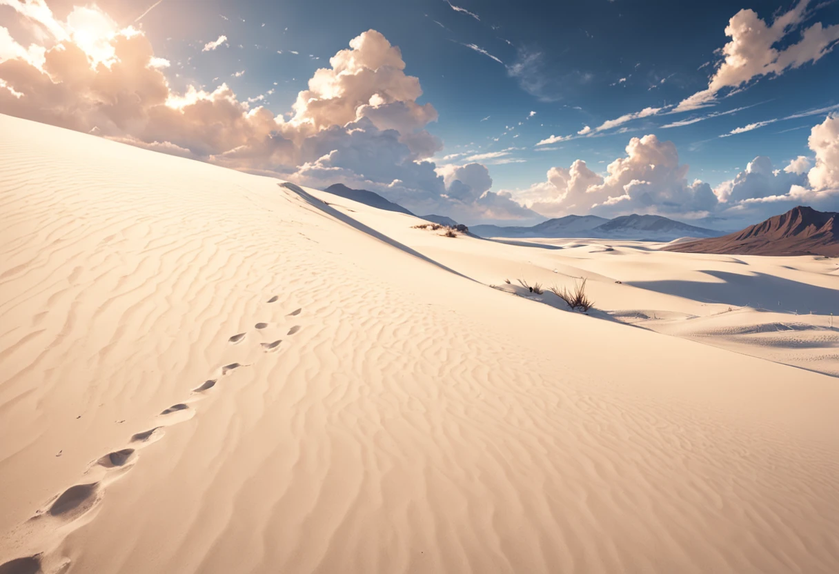 A great desert of white sands with no end in sight, Antecedentes altamente detalhados,Realistic,ultra-detalhada,pele super detalhada,Brilho da Luz,filmic grain,Expro II,Reflexo da lente,sharpen,Cinematic shadow