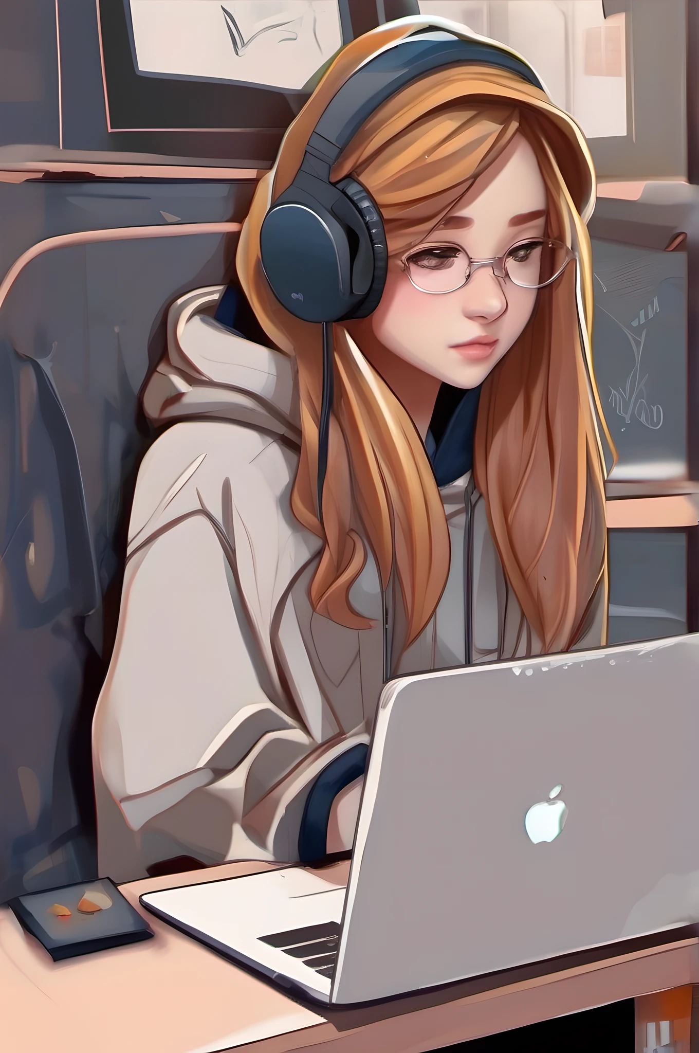 A wheatish cute girl with long hair using Apple laptop and headphones one, wearing hoodie, with side face visible only in cartoon artstyle