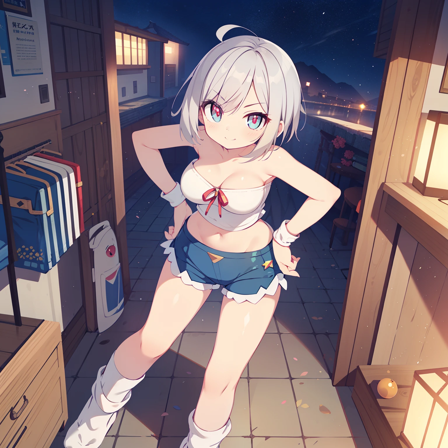 masutepiece, nffsw、Shaders、Brilliant Textured Work、(Pokémon:1.2)、Silvery hair、short-hair、(Tube Top:1.3)、(hotpants:1.3)、(White loose long socks:1.5)、large full breasts、You can see the valley、Navel、BREAK、sharp eye、Sanpaku eyes、Front Angle、Shoulder out、Sleeveless、Sapphire Eye、Glowing eyes、evil smile, I don't have anything、No one around、feet shoulder-width apart、Hands on the hips、