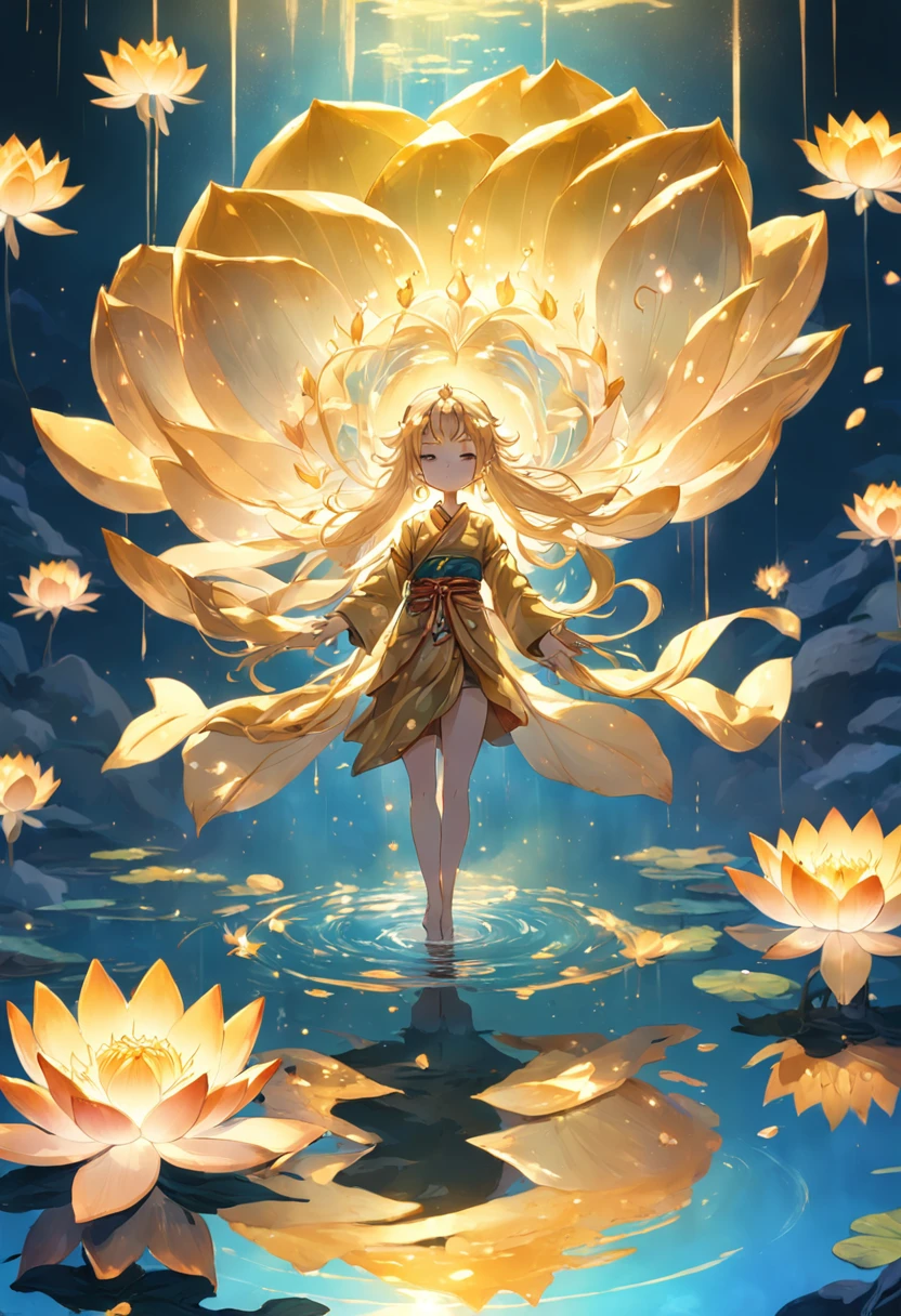 "Enlightened mind，The rainbow hue of golden lotus blooms，Floats lightly in transparent water，The background presents a soft gold gradient。Golden energy gushed out from the lotus heart。"