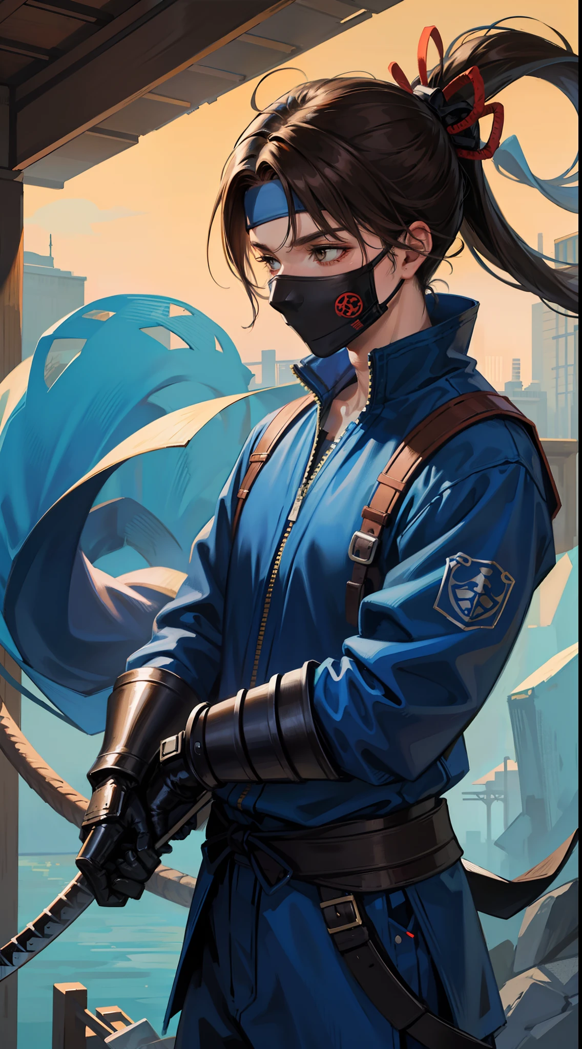 Grown-up guy, ninja, Blue Shinobi Uniform, Brown eyes, mask, Masterpiece, hiquality