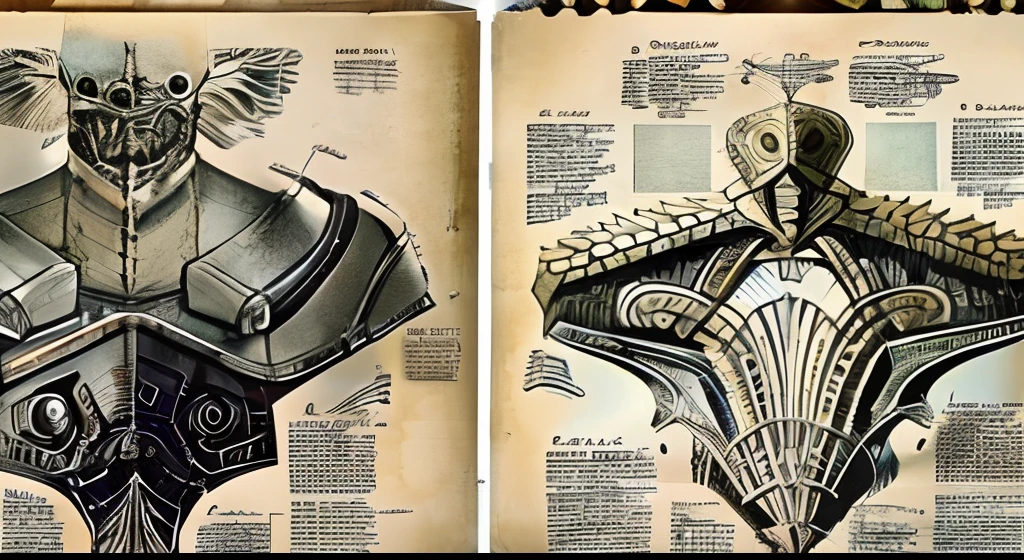 Rysunki demona slowianskiego Piwosznik z notatkami i adnotacjami przypominające studium anatomii da Vinci. Szkice powinny być bardzo szczegółowe, focus on unique anatomy, paying attention to the invoice, shading and form.