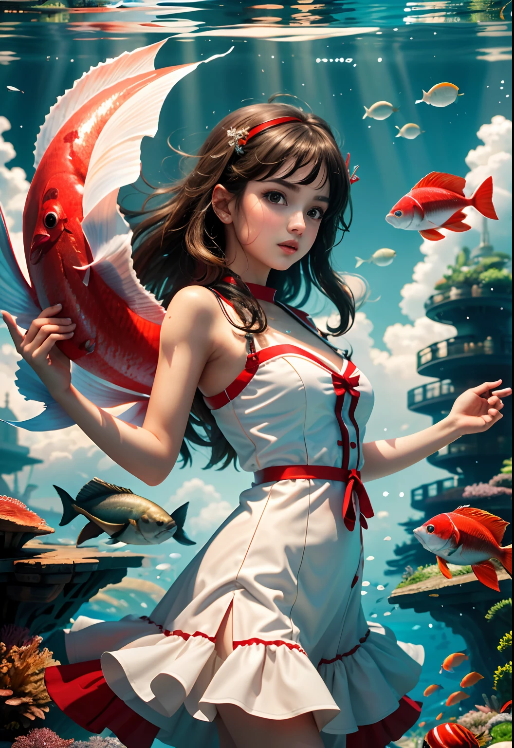 highest quality,tmasterpiece,A high resolution, shadowing, the detail, 8K, photore,Sharp focus,The composition of the characters is small,
Under the water,Cute girl in white dress,Giant red carp, Fantastic location, flight, Underwater cyberpunk city