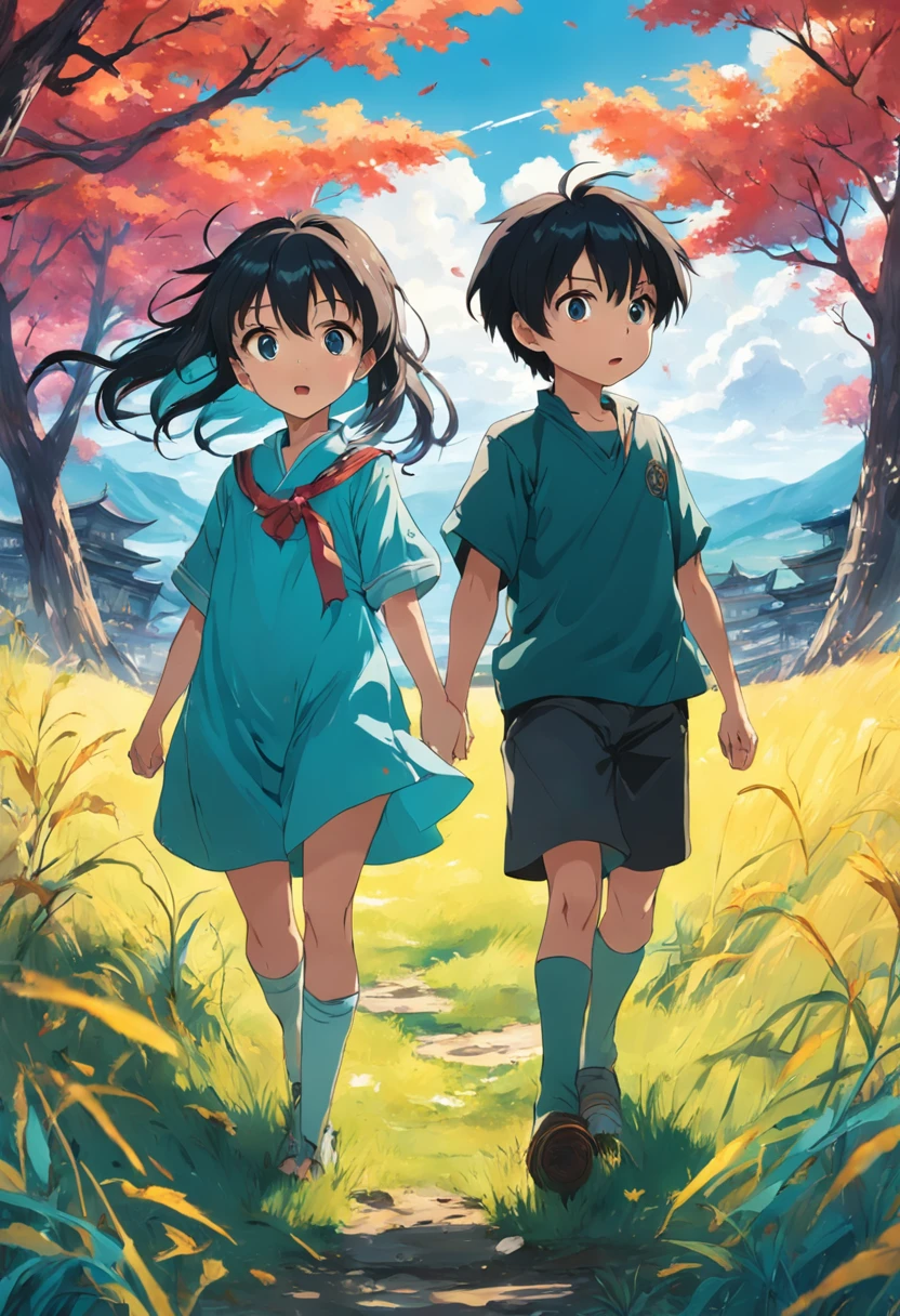 The boy and the girl stand together on the turquoise grassland,Chasing birds