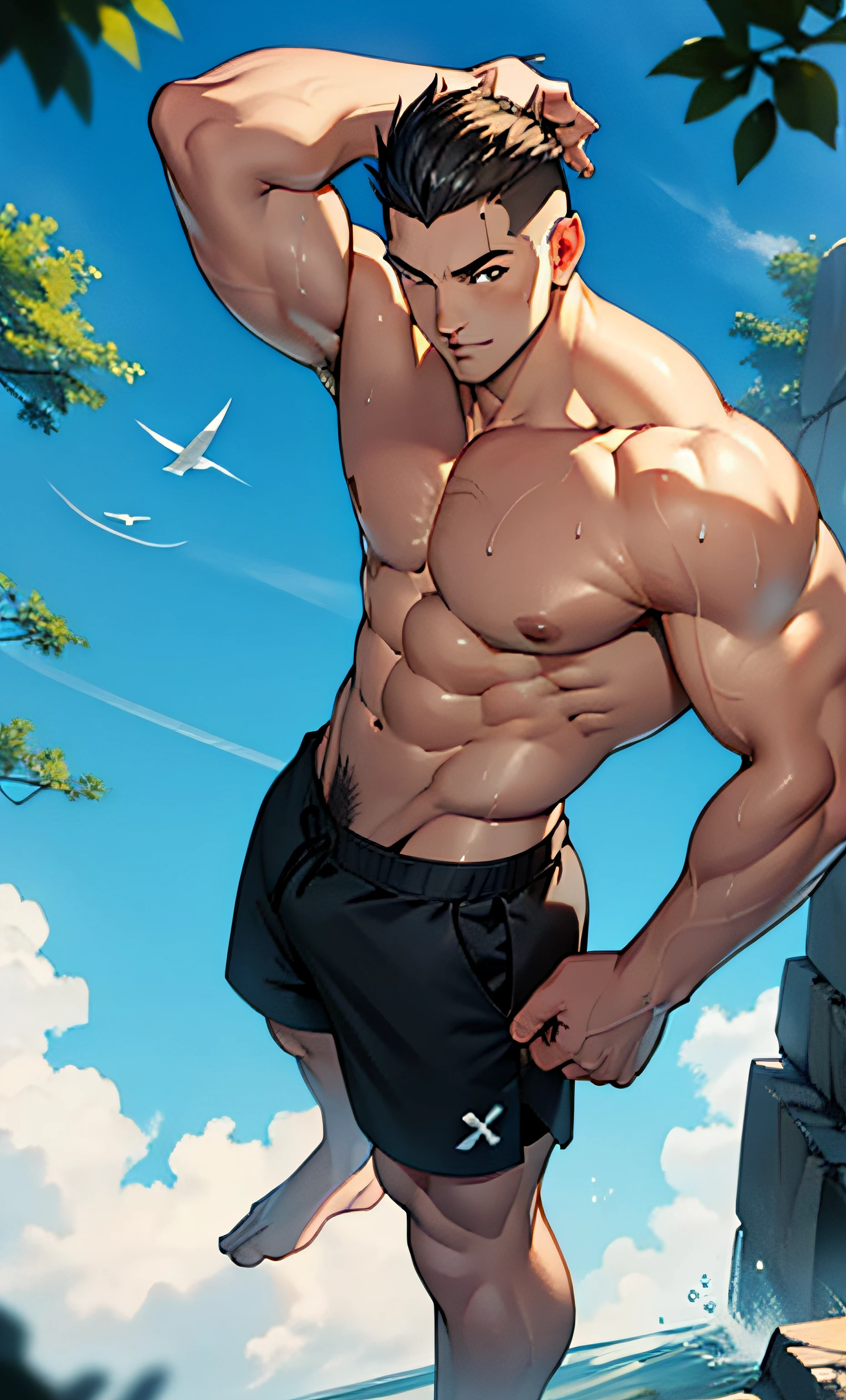 (photo angle from the bottom up) (highest quality image) elf boy, beardless, cute young face, royal, young, , wearing short triangle shorts showing his thighs giant solid, standing, cute young face, undercut hair, giant muscular chest muscles, big muscular thighs, muscular biceps, muscular muscles developed and developed, clear 8-pack abs, sinewy, topless, white skin, super-glossy skin, dripping sweat, hands scratching head, feet without shoes