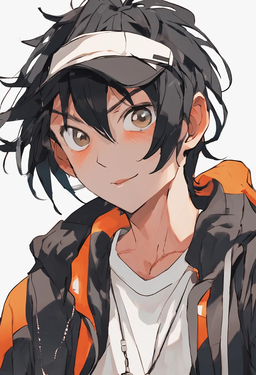 black-haired boy who wears a bandana on his head and wears black and orange sportswear; anime style