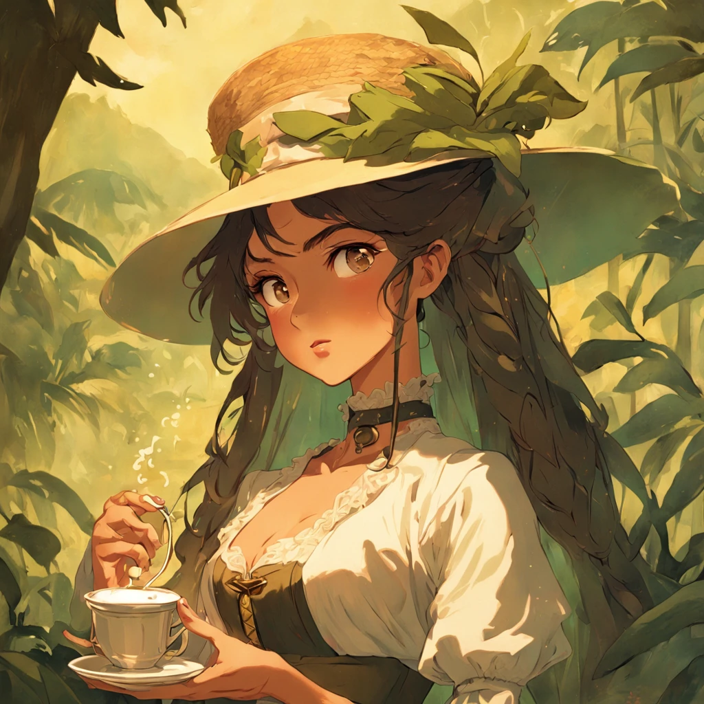 an old affiche showcasing a 19e century young Brazilian lady wearing a hat, with a steamy cup and coffee plantation in an advertisement of Brazilian coffee