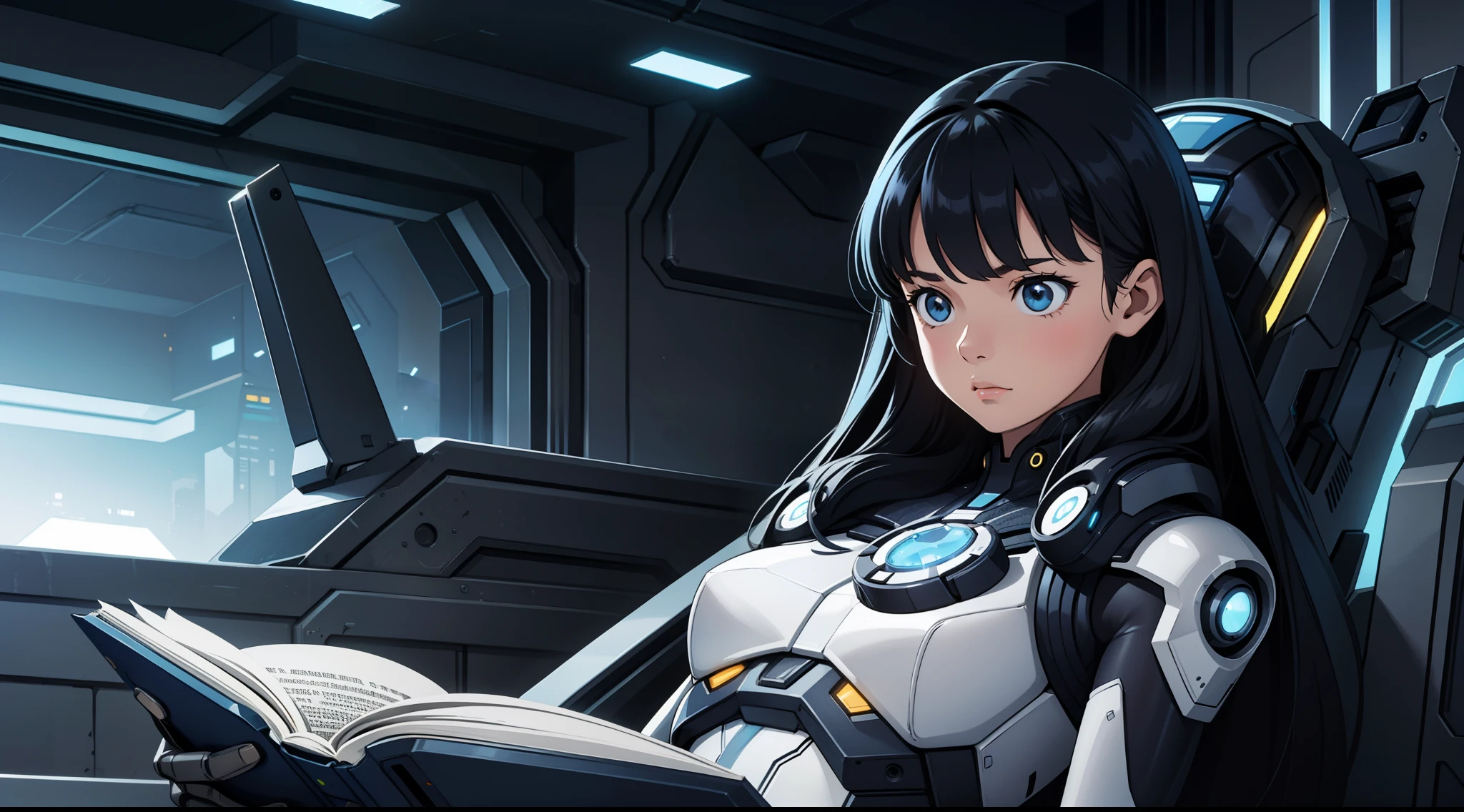 "Adorable girl immersed in a futuristic cyber city, quietly engrossed in reading a captivating book."