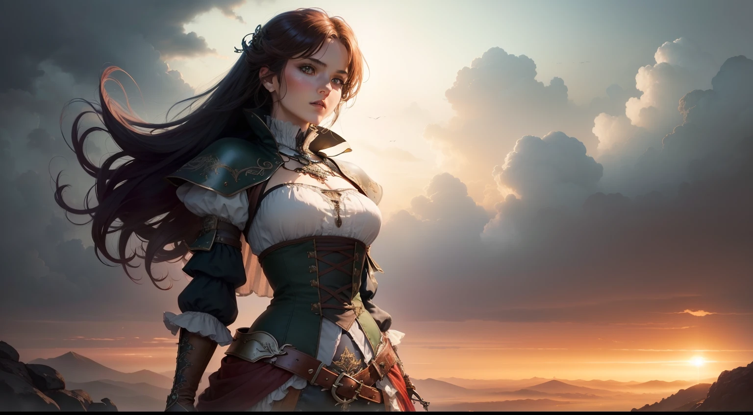((best quality)), ((Meisterwerk)), (Detailliert) rotes langes Haar, Mittelalterliche Kulisse, Steampunk, ethereal beauty, (Fantasy-Illustration: 1.3), Zauberhafter Blick, Fesselnde Pose, Fabulous and beautiful white shirt with ruffles and dark green pantsuit, Charme einer anderen Welt, Mystischer Himmel, (Luis Royo:1.2), Mondscheinnacht, gedeckte Herbstfarben, (Detaillierte Wolken:1.3), (high resolution:1.2)