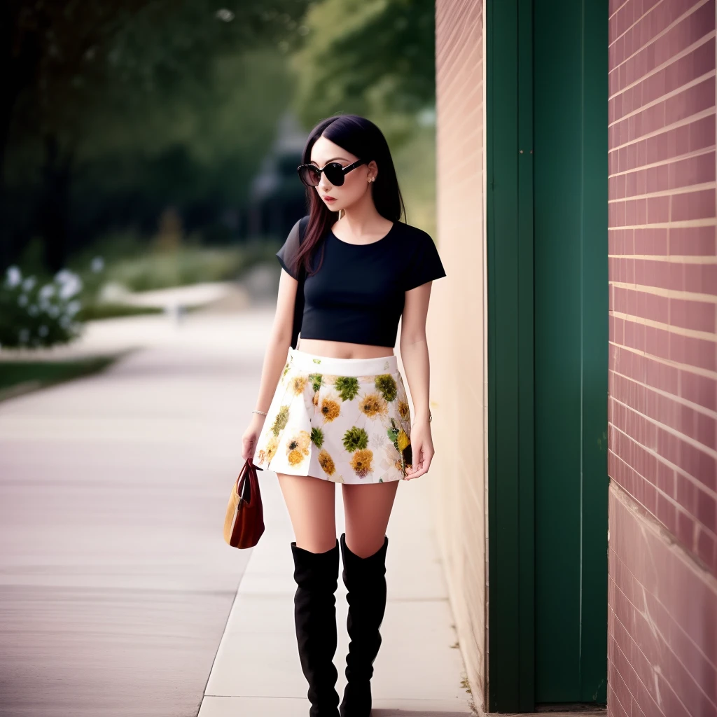 arafed woman in a black top and a floral skirt and knee high boots, a picture by Jessie Algie, reddit contest winner, naive art, beautiful short skirt, wearing crop top and miniskirt, mini-skirt, wearing skirt and high socks, short skirt, wearing skirt, wearing a skirt, skater skirt, wearing honey - themed miniskirt
