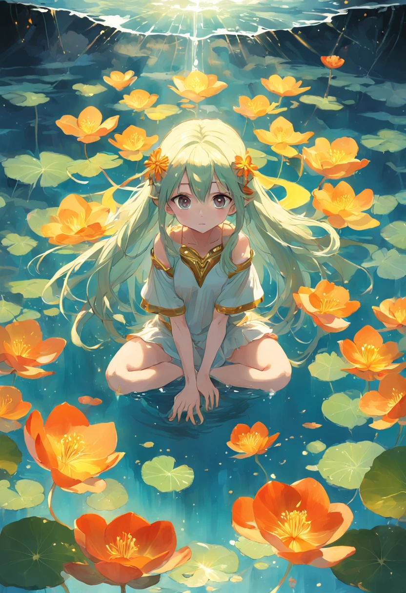 anime girl sitting in a pond of water with lily pads, wallpaper anime blue water, in a pond, anime girl walking on water, anime art wallpaper 4 k, anime art wallpaper 4k, dreamy psychedelic anime, lying on lily pad, waterlily mecha nymphaea, anime wallpaper 4k, anime wallpaper 4 k, anime art wallpaper 8 k, in a lake