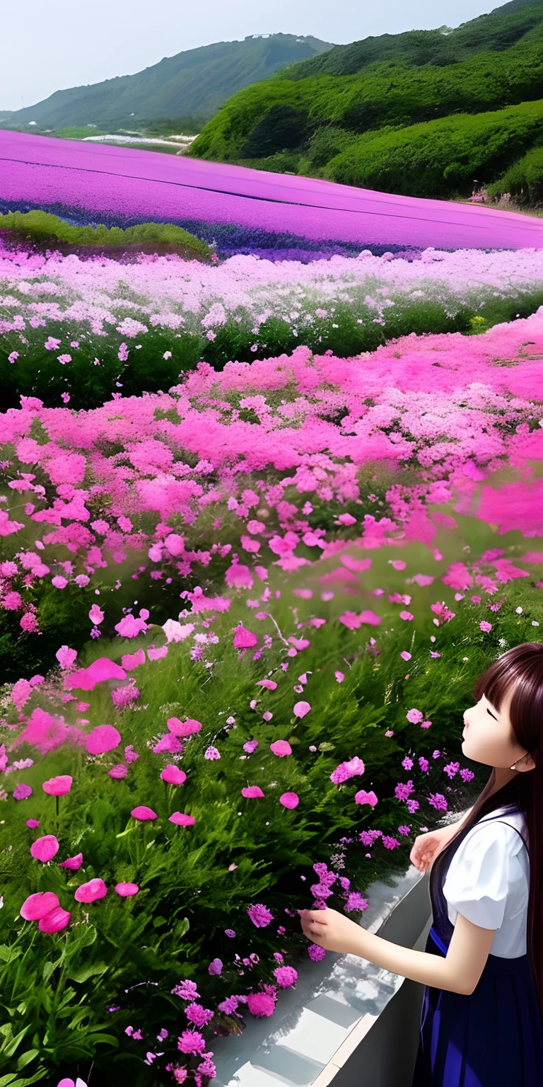 Next to the sea，The sea of flowers blooms，The girl is far away in the sea of flowers。