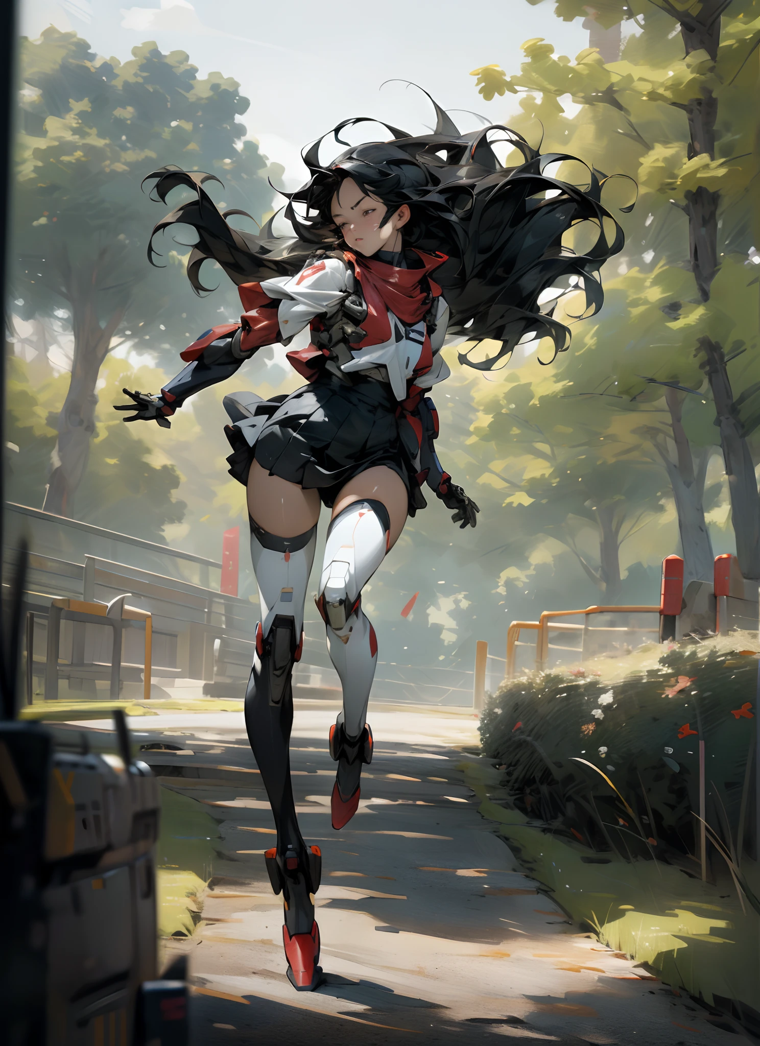 NSFW, gundam\(rx78\), ultra high res, best quality, photo, 4k, (photorealistic:1.4), 1girl, solo, (full body:1.1),long hair, black hair, beautiful face, beautiful eyes, outside in the park with lake, running, mecha armor, depth of field, motion lines, short skirt, tight shirt