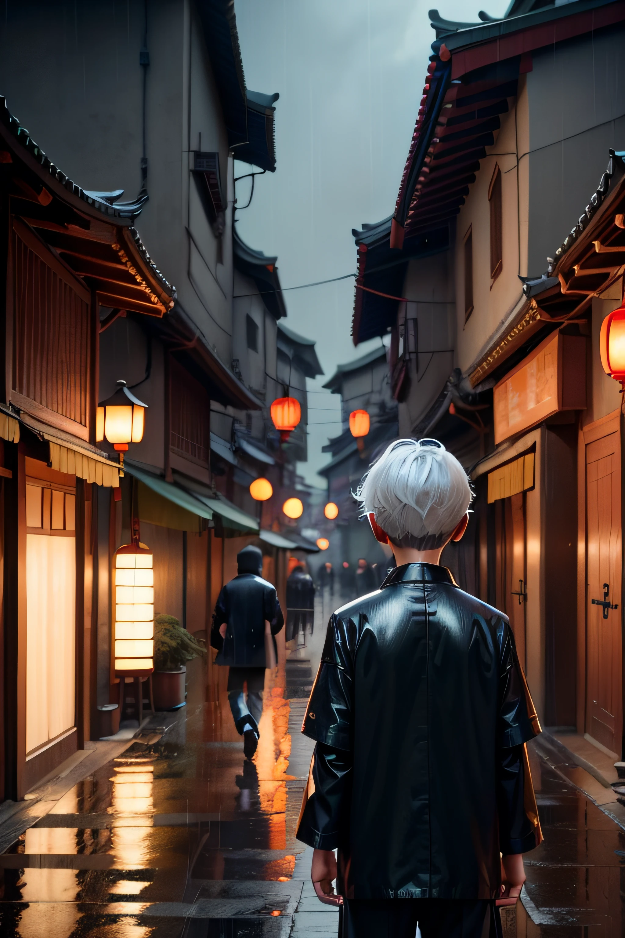 dreamy Chinese towns,surreal photo of a small town,(1boys), Beautiful and aesthetic, photography of, cinematic ligh, 8K, high detal, ((very heavy rain))),Arafed view of a village,The back of the boy,Well-lit building,white color hair,Pointy hairstyle,Male focus,