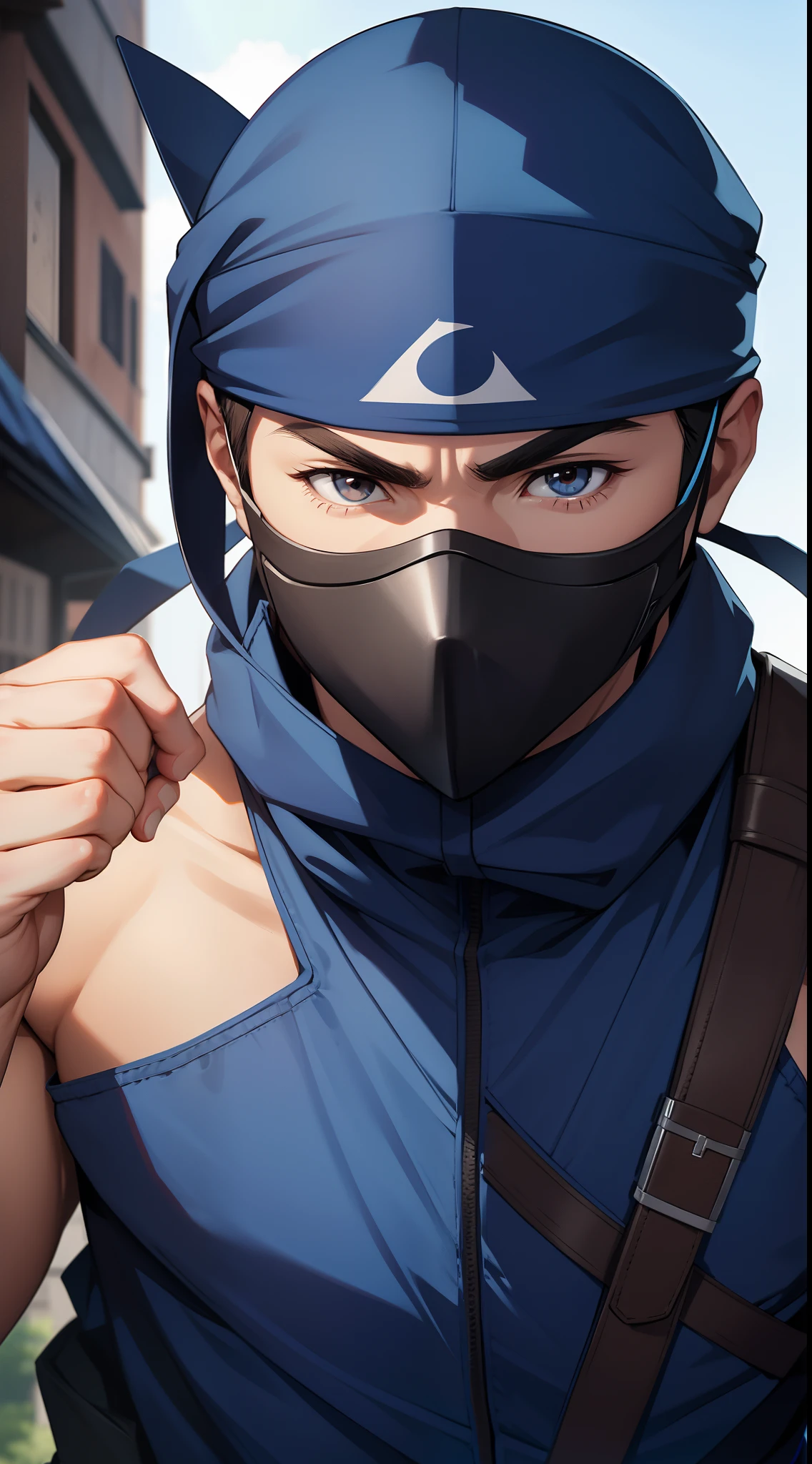 Grown-up guy, ninja, Blue Shinobi Uniform, Brown eyes, mask, Masterpiece, hiquality