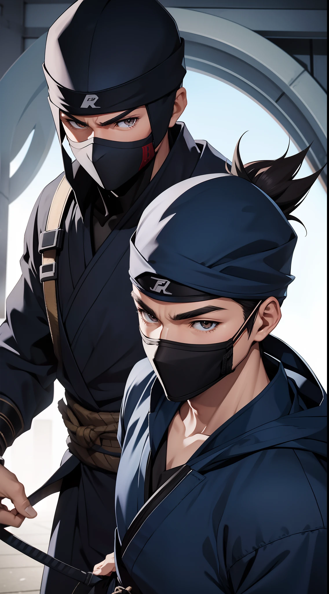 Grown-up guy, ninja, Blue Shinobi Uniform, Brown eyes, mask, Masterpiece, hiquality