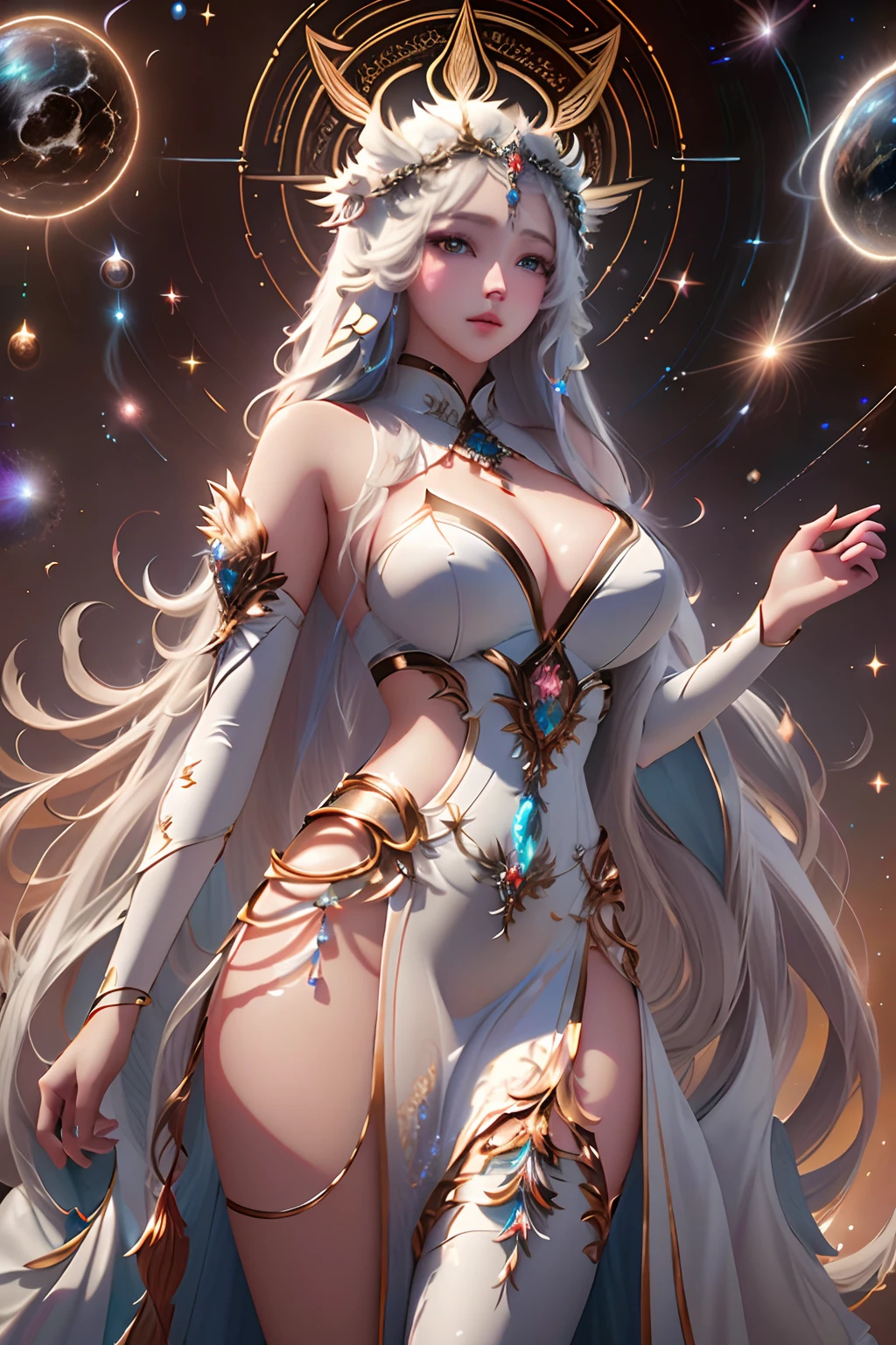 Master parts, 8K, Digital SLR, hyper qualit, perfect face, ren, Impeccable, best illuminate, ((Goddess of creation, Create a universe, Majestic white costume, divino, framme)), Very long hair, jewely, hair adornments, Cinematic lighting, eye disease, brunette color hair, blue color eyes, Large of breast, beautiful and detailed eye, Beautiful skins, attractiveness, Ultra-high resolution, k hd,detailedbackground,