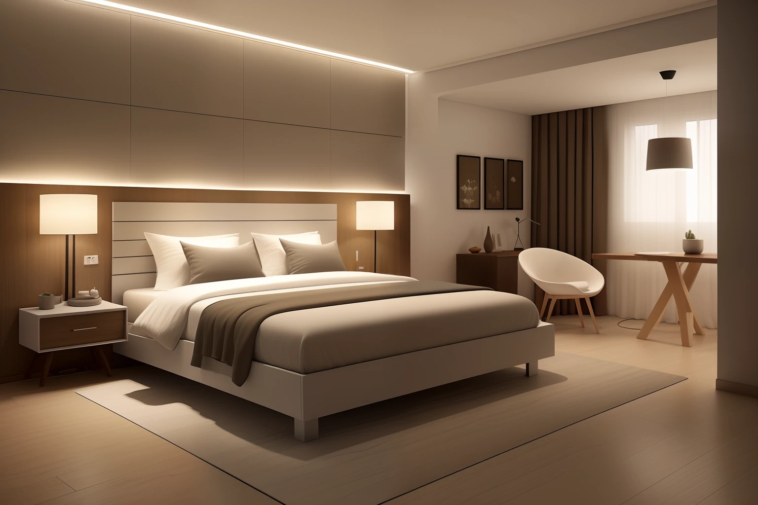 Quarto Arafed com uma cama, mesa, e cadeira nele, Quarto iluminado, quarto mal iluminado, luz natural no quarto, interior do quarto, quarto de cama, creme - quarto colorido, dentro de um quarto, warm ambient lighting, clean and pristine design, high-quality render, soft ambient lighting, quarto mobiliado, room lighting, rendered lighting