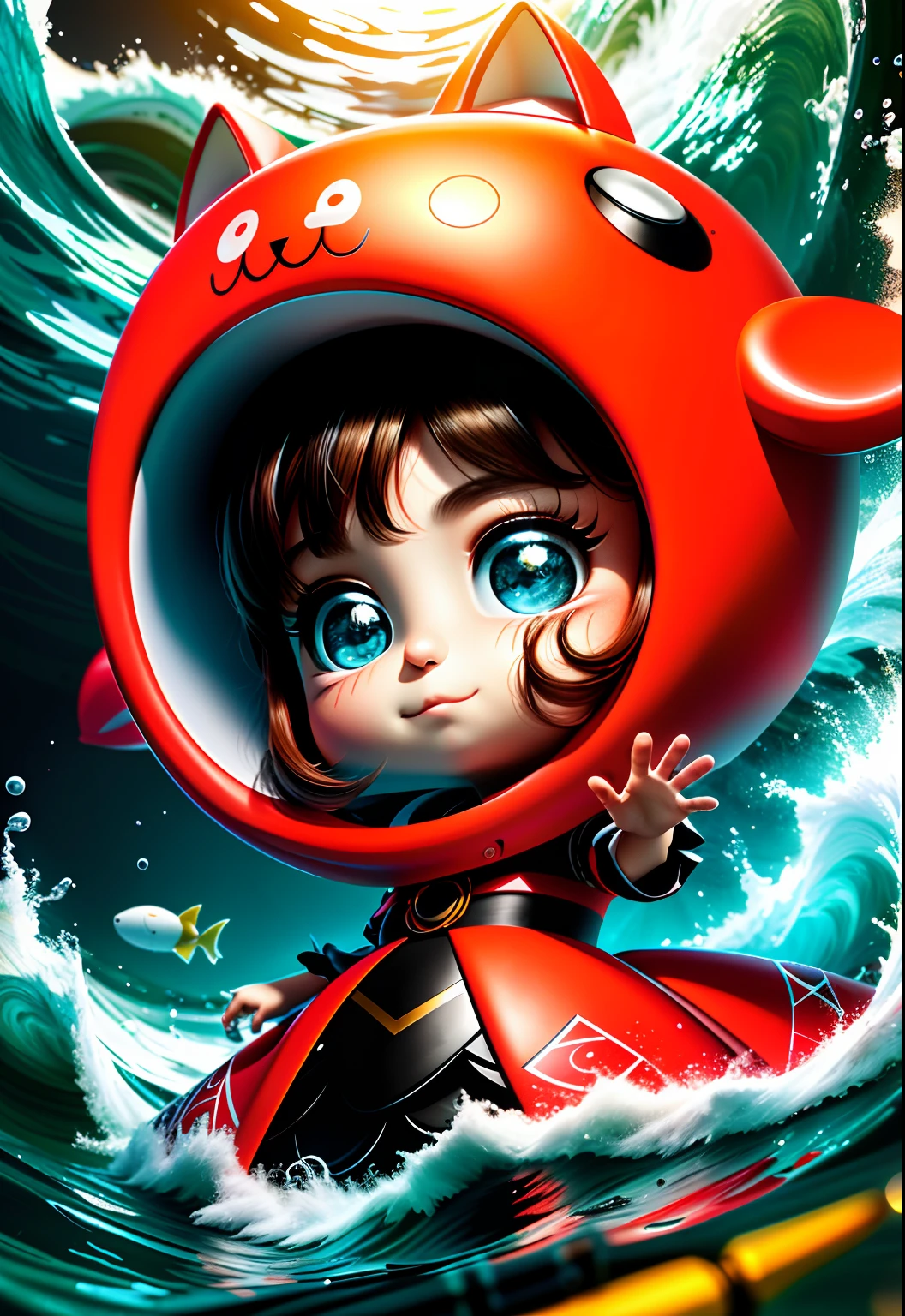 highest quality,tmasterpiece,A high resolution, shadowing, the detail, 8K, photore,Sharp focus,The composition of the characters is small, Under the water,1girl,Very short in height,Giant red carp, Fantastic location, flight, an underwater city