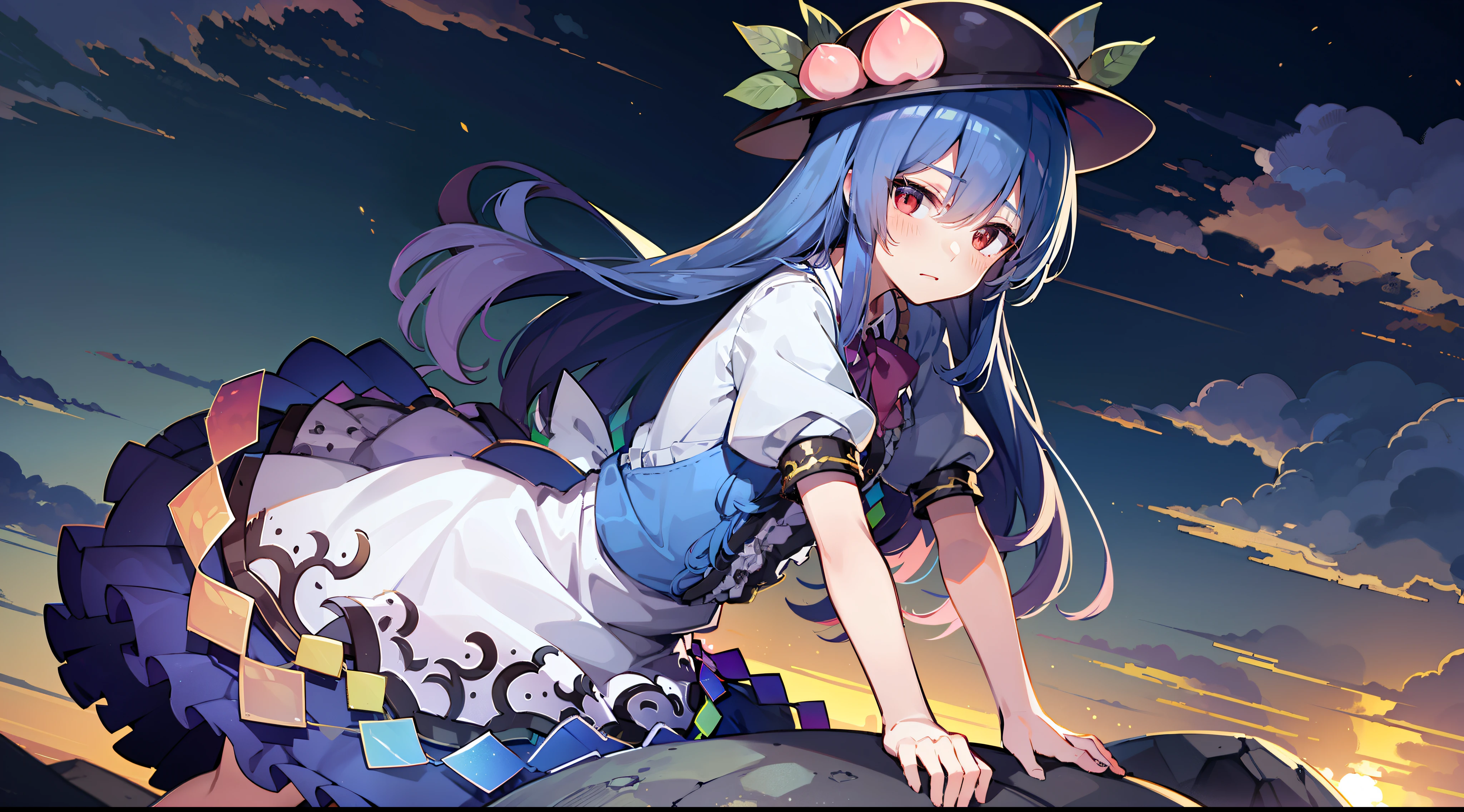 Japanese anime wallpaper 8K，wide angles，Golden ratio composition，HighestQuali，ancientry，（（touhou project）），（（（1girl））），Hinanawi Tenshi，slender figures，skin is soft and smooth，celestial realm，daytime，Clouds，Stand on the rock，Armed with the Sword of Imagination，luz eenvolvente，Soft lighting，Clear facial features，The  is structurally correct，The hands are clear and correct，The costumes of the characters are clear and correct，The details are complete and clear
