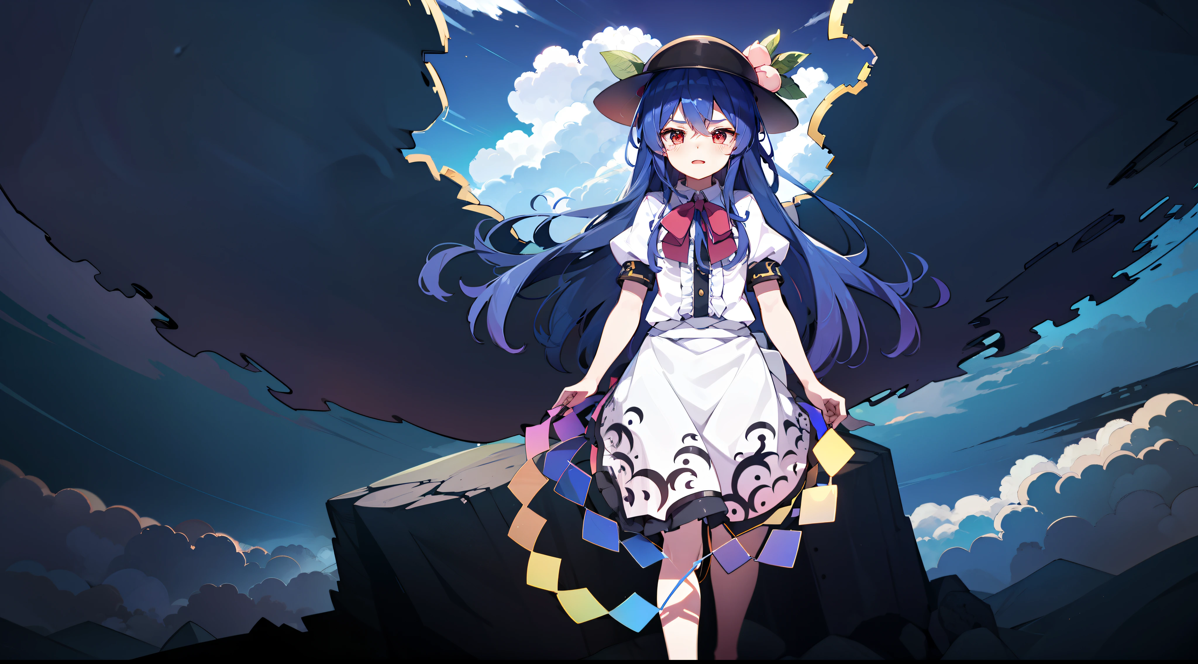 Japanese anime wallpaper 8K，wide angles，Golden ratio composition，HighestQuali，ancientry，（（touhou project）），（（（1girl））），Hinanawi Tenshi，slender figures，skin is soft and smooth，celestial realm，daytime，Clouds，Stand on the rock，Armed with the Sword of Imagination，luz eenvolvente，Soft lighting，Clear facial features，The  is structurally correct，The hands are clear and correct，The costumes of the characters are clear and correct，The details are complete and clear