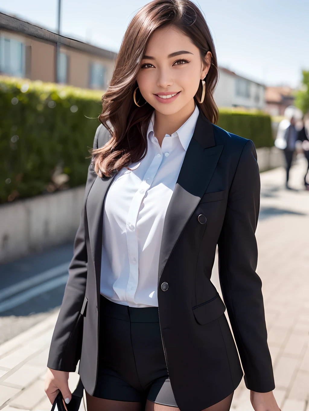 (8K, Best quality, Masterpiece:1.2),
(Realistic, photo-realistic:1.37),
Ultra-detailed,
1 girl, full bodyesbian, Outdoors, (Adjust hair:1.5)
Office Lady, black officeblazer, officeskirt, (Pantyhose:1.2), (short buttoneddownshirt:1.2), buttonedupcollarprim, buttoneddowncollarprim, Bra, (Pantyhose:1.2), alphalayers, high-heels,
Beautiful earrings,
Cute,
Beautiful detailed sky,
(Smile:1.15),
(Closed mouth),
Small breasts,
Beautiful detailed eyes,
Business attire,
(Short hair:1.2),
Floating hair NovaFrogStyle,