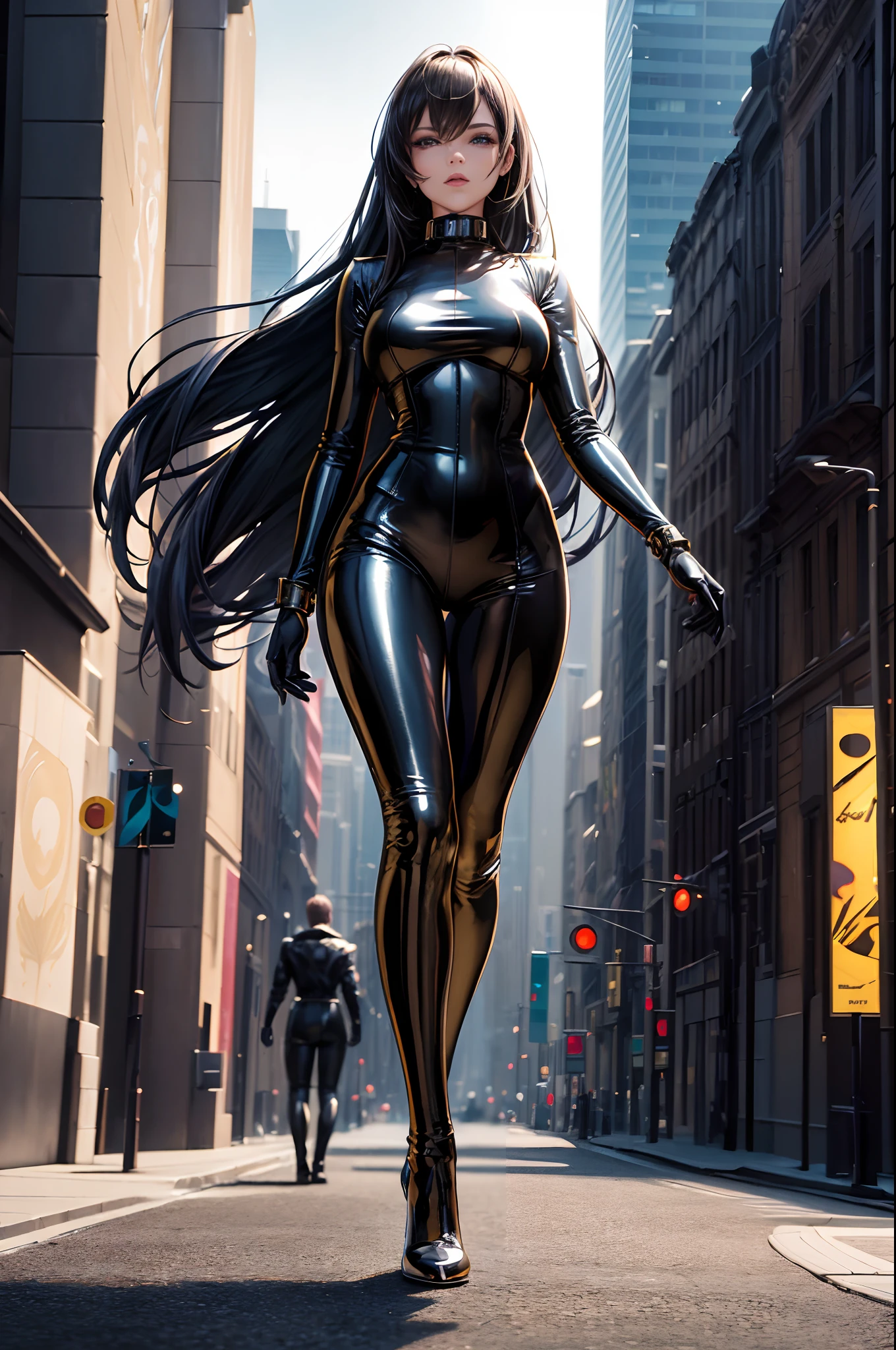 (((best quality))), (((masterpiece))), solo, super fine photo, full body picture Unreal Engine 5 8K UHD, beautiful girl, face detailed, wearing skin tight metallic latex catsuit with gold lace, latex collar, latex gloves, latex long socks with straps, arm and leg cuffs, unified 8k wallpaper, hyper detailed, sharp focus, walking in the futuristic city.