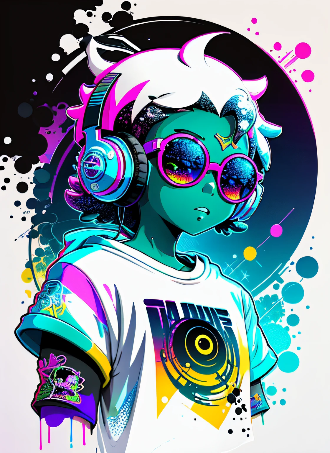 ready-to-print vector t-shirt art colorful graffiti illustration of an extraterrestrial, with headphones, round glasses, streetwear clothing, intricately detailed, cartoon realism style, shirt art, action shot, 3d illustration, adobe illustration, centered artwork, scratch paint design, planets splash, white background-- v 4 -