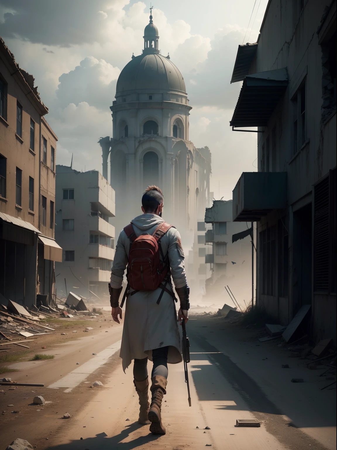 Describe a lone character, vestindo roupas gastas e segurando uma arma improvisada, as you walk through a desolate landscape of crumbling buildings and gray skies. The marks of past battles are evident on his determined face.