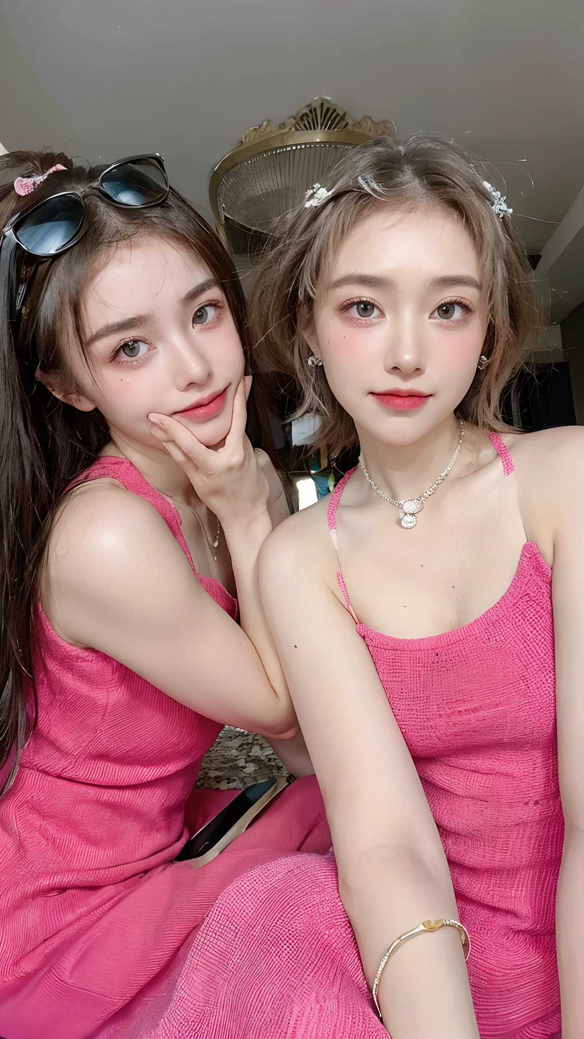 Top quality, Masterpiece, 超高分辨率, (Realistic, : 1.4), Original photo, (True skin texture: 1.3), (filmgrain: 1.3), in a panoramic view, Portrait, Very wide lens, Narrow waist, cowboy lens, (bangs, Inconspicuous, Cold light,) Night, Close-up, Tears, Short hair, neck long, ears sticking out, bangs, Big eyes, Brightly Colored Eyes, In the house, Dust, Tindall effect, (Facial expression), Sitting, (hitting a wall), Crying, Frowning, (Looking down), Nervousness, Tears, smiling happily
one girl, eyes and face with beautiful details, White jabot, pink dark V, Brown eyes,