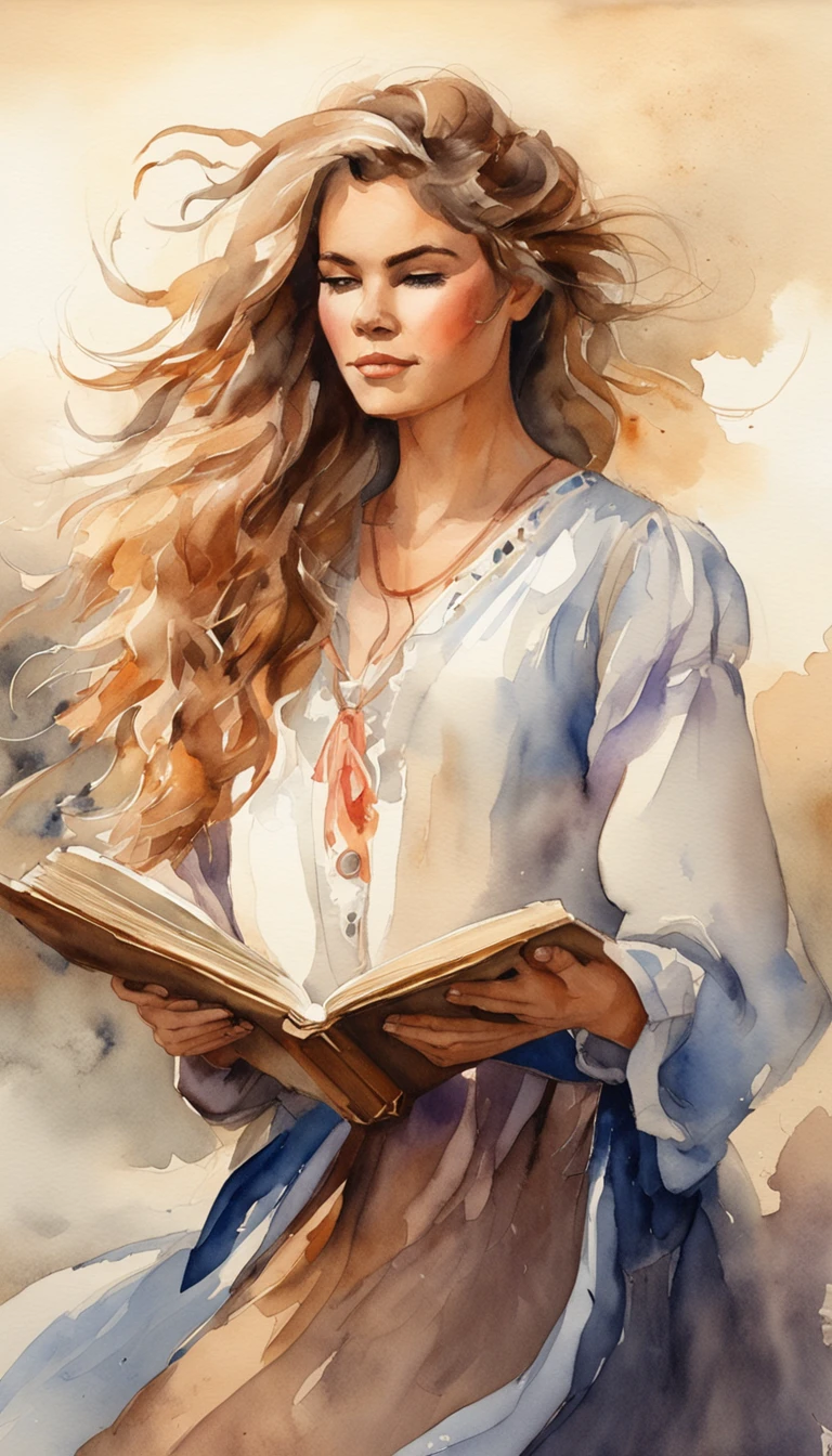 Landscape Woman with book Braided hair wind swinging hair with extimation puppy