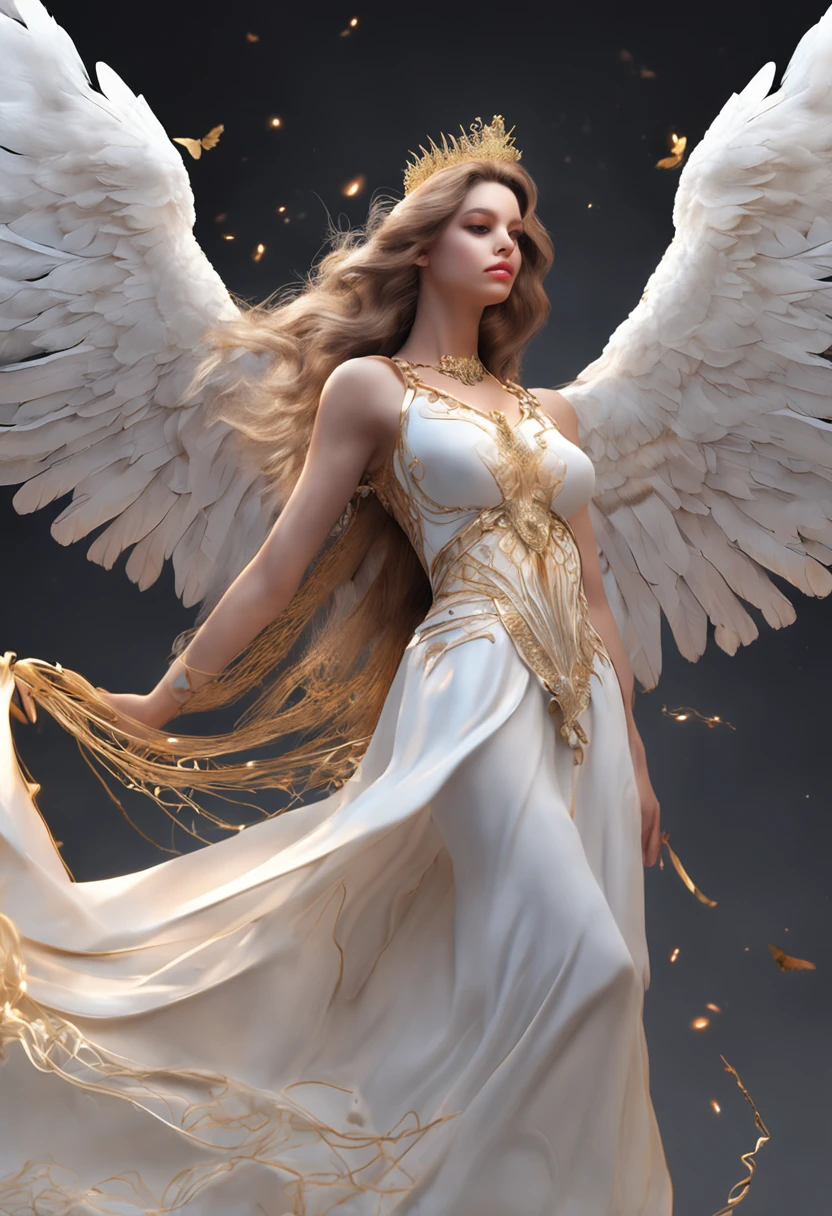Soaring in the sky like a bird、Feathers on the back are stunning、He wears a golden crown on his head、Young and beautiful、Flying in the sky、big boobs、Alafed woman in white lingrie with wings and necklace, angelic wings on her back, Beautiful Angel, full - body majestic angel, a beautiful female angel, , of beautiful angel, , young wan angel, Angel Girl, of an beautiful angel girl, masterpiece, angel knight girl, 、Attractive even from the feathers on the back、large plumage、european