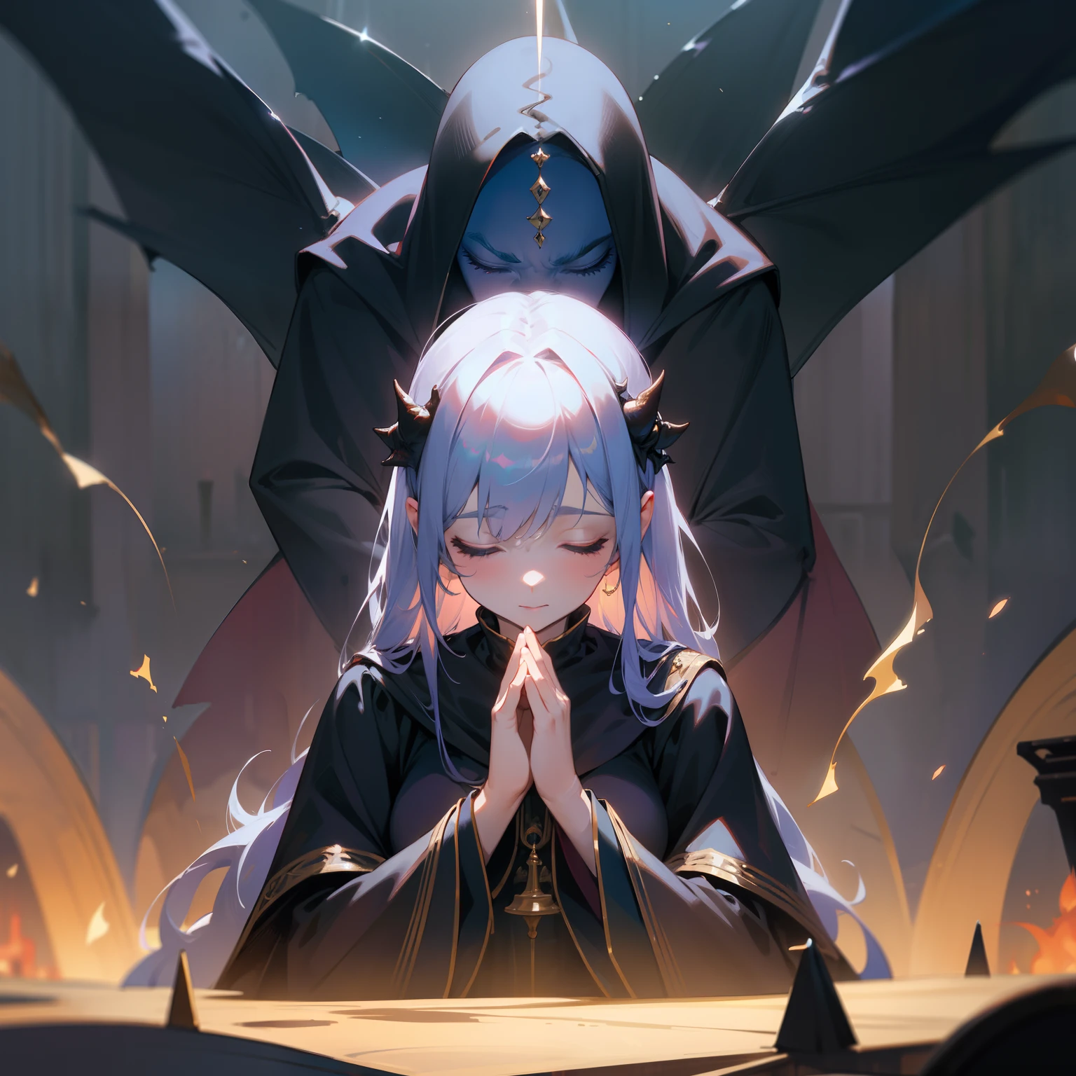 Fantastical、grand、Dark Fantasy、Dark Church、Cultivated woman、Pray、Close your eyes、People in one row、Realistic、8K，Super beautiful、detail portrayal、candelabra、The Devil Behind