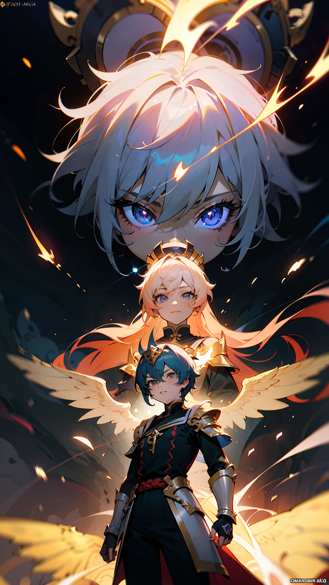 Anime figure,Dark villain,Beauty side face,Long hair flying,(golden headdress),Two teenage girls back to back,(Simple helmet)Spark ashes burn,The samurai held a sword, Wear contrasting armor, The full picture of the witch and witch skeleton,(standing full-body),((Faraway view)),(HD8K),ultra-wide-angle,The background is gorgeous,the original god, demon anime girl, Angel anime girl,fantasy paladin man, Dragon Knight,Spread your black feathered wings,Mobile Genshin Influence, Anime 8 k, Anime fantasy illustration, Genshin Impact, Tough and cold character, Detailed key anime art, Ayaka Genshin impact, onmyoji portrait,Close-up of shooting random weapons, Comic book epic artwork, Epic fantasy digital art style,Epic fantasy art style, 8K high quality detailed art, Epic fantasy art style HD, Faraway view,Behind him,It is a golden glowing magic array。,Purify the flame,HD anime visuals,full portrait of magical knight,