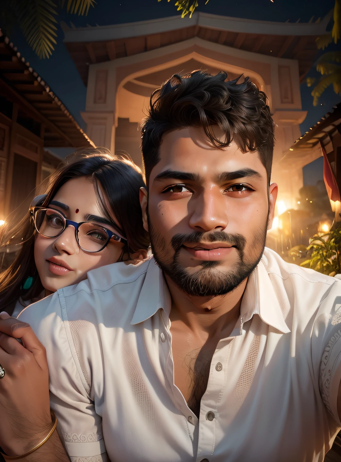 Change background,ultra realistic indian couples, young couples,full High definition, keep same face of photo uploaded,