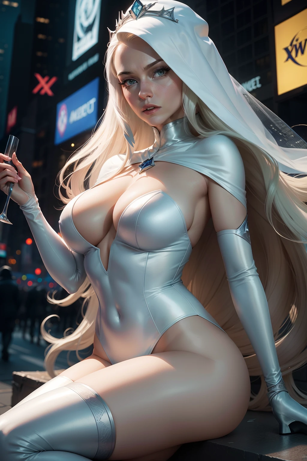 New York, Time Square, "White Queen" Emma Grace Frost, also known as the "White Queen", is a fictional character appearing in comic books published by Marvel Comics, most commonly associated with the X-Men. Described as an anti-heroine, a mutant with powers of telepathy and transforming her body into a diamond shape. Emma Frost was an episode of The Avengers in which Emma Peel (portrayed by Diana Rigg) infiltrated a secret society using provocative clothing and the nickname "Queen of Sin".[1]