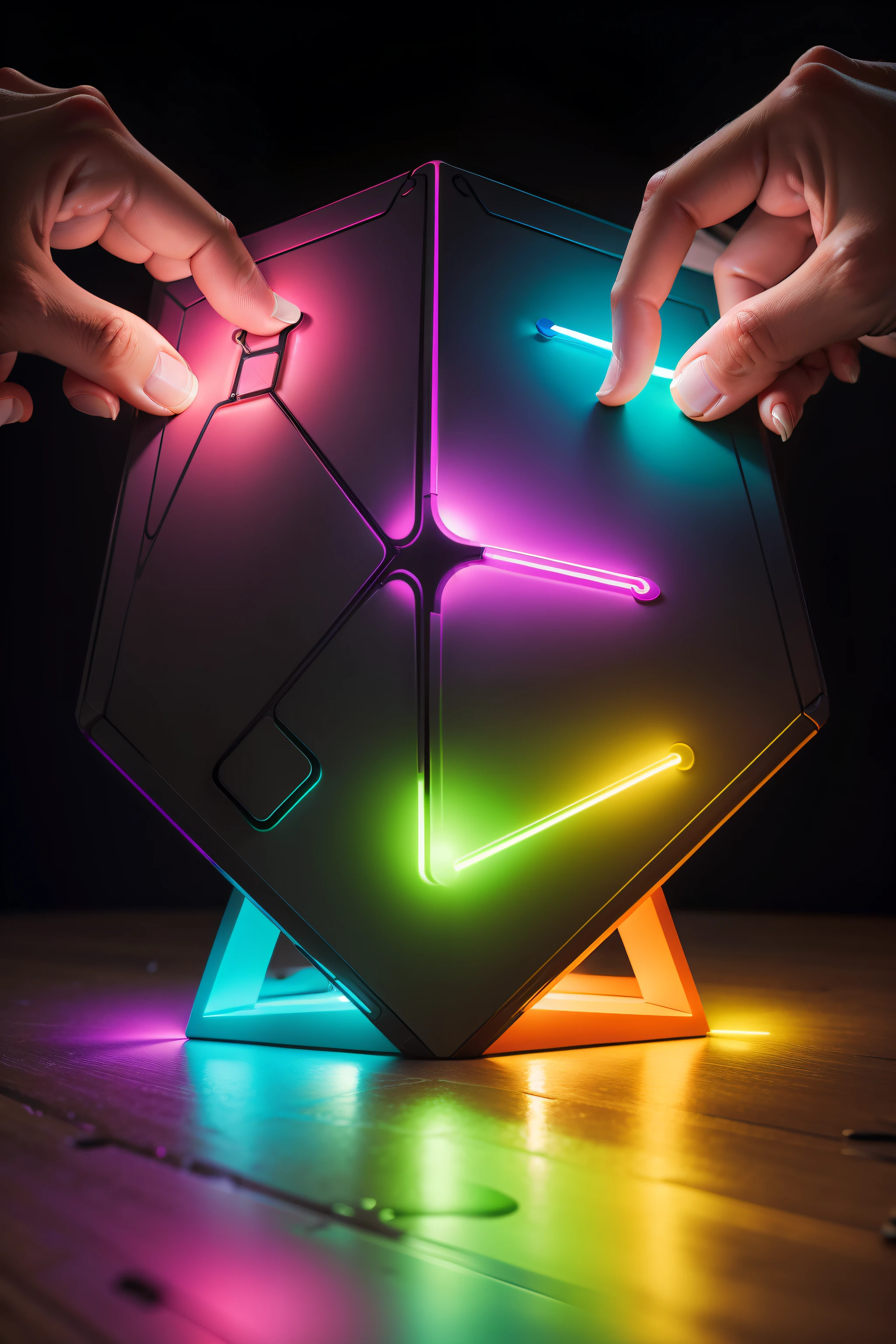 Create a puzzle game on the table with vibrant neon pieces fitting together