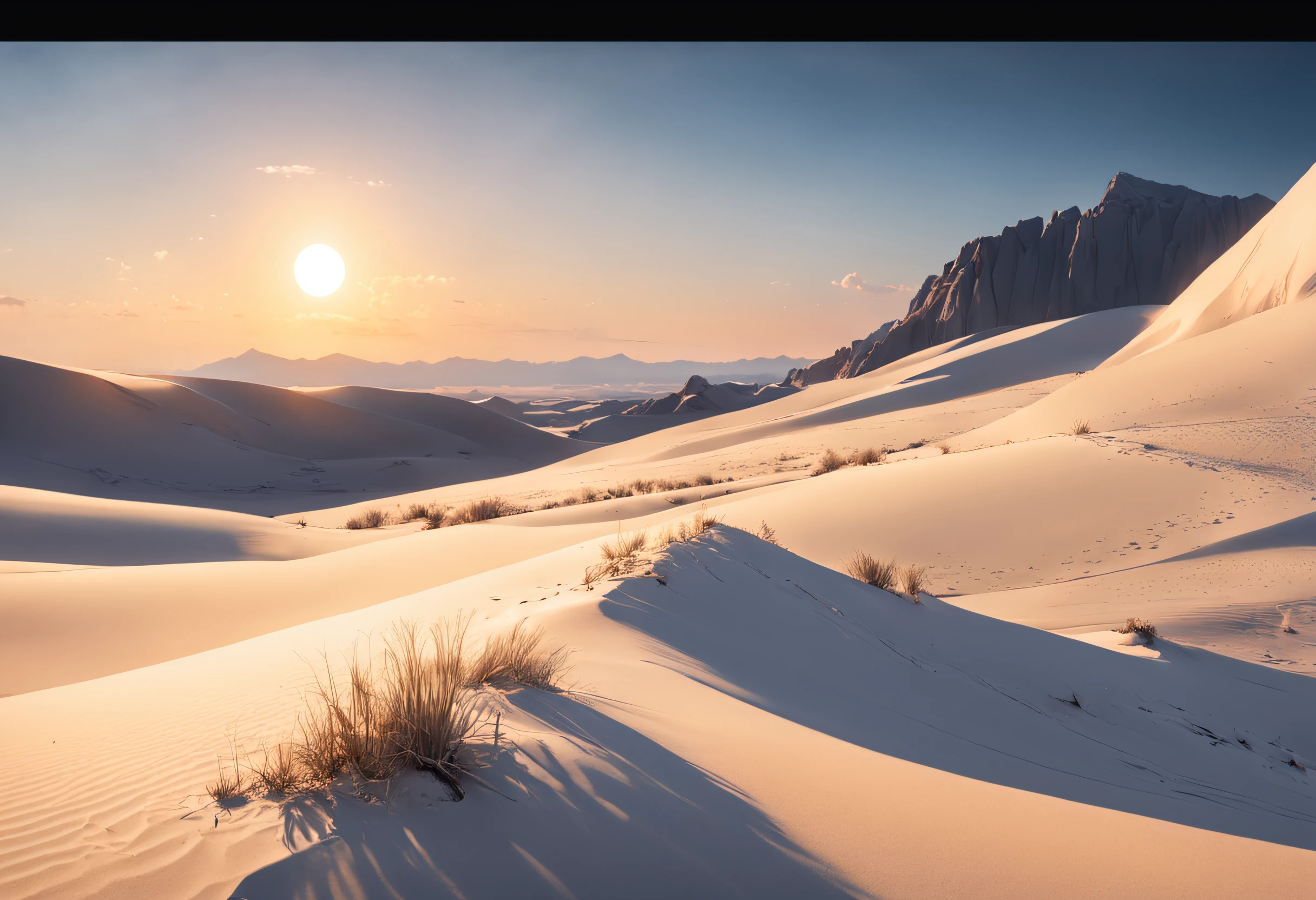 A great desert of white sands with no end in sight, Antecedentes altamente detalhados,Realistic,ultra-detalhada,pele super detalhada,Brilho da Luz,filmic grain,Expro II,Reflexo da lente,sharpen,Cinematic shadow