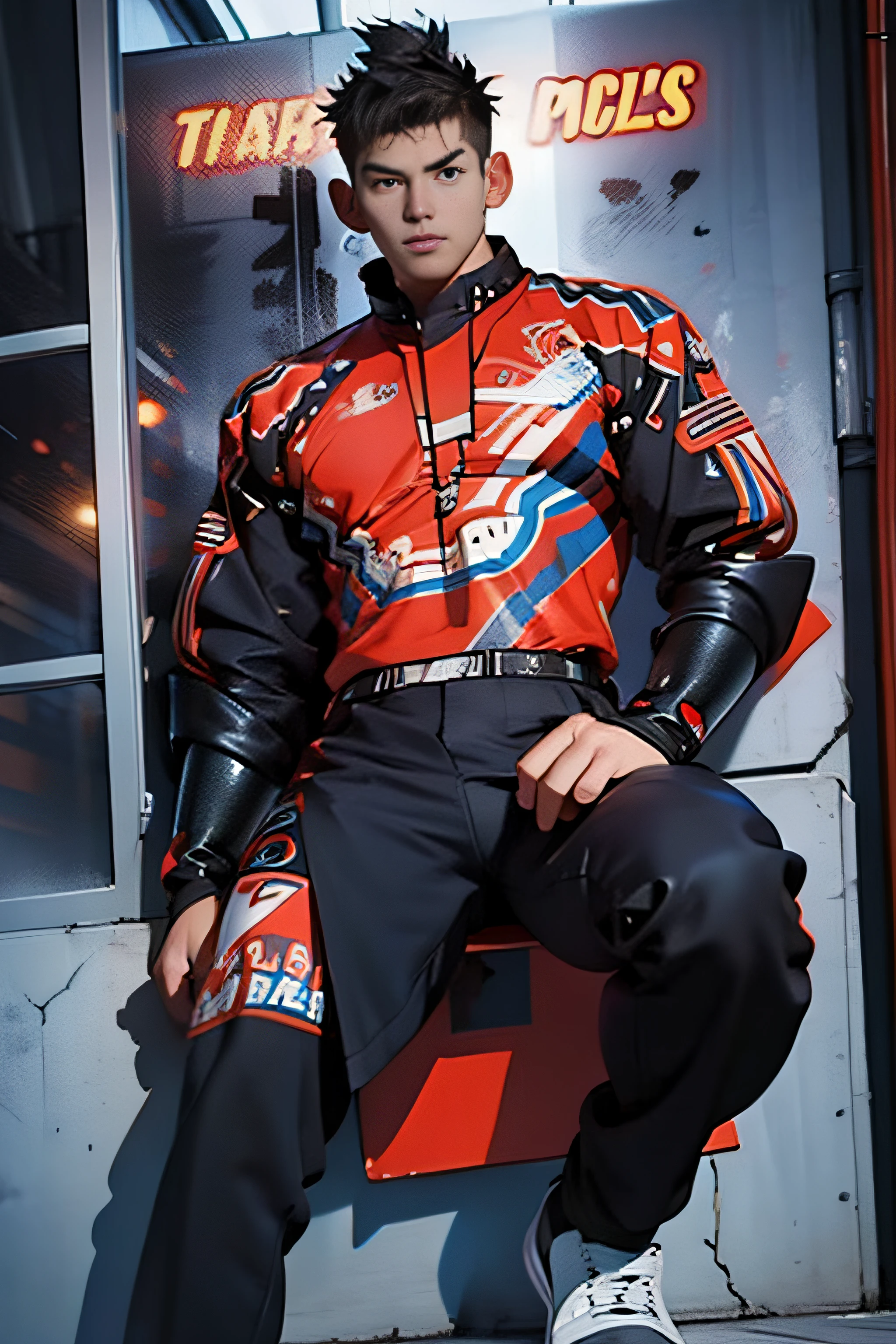 A tall muscular boy, Naked, Legs spread, detailed face, detailed eyes, The whole body of the character, impact, Sweaty, Wet, Seductive, Bigboobs , large bulge, big balls, From the knees , big ass, mechs, punky style,Wu Yifan