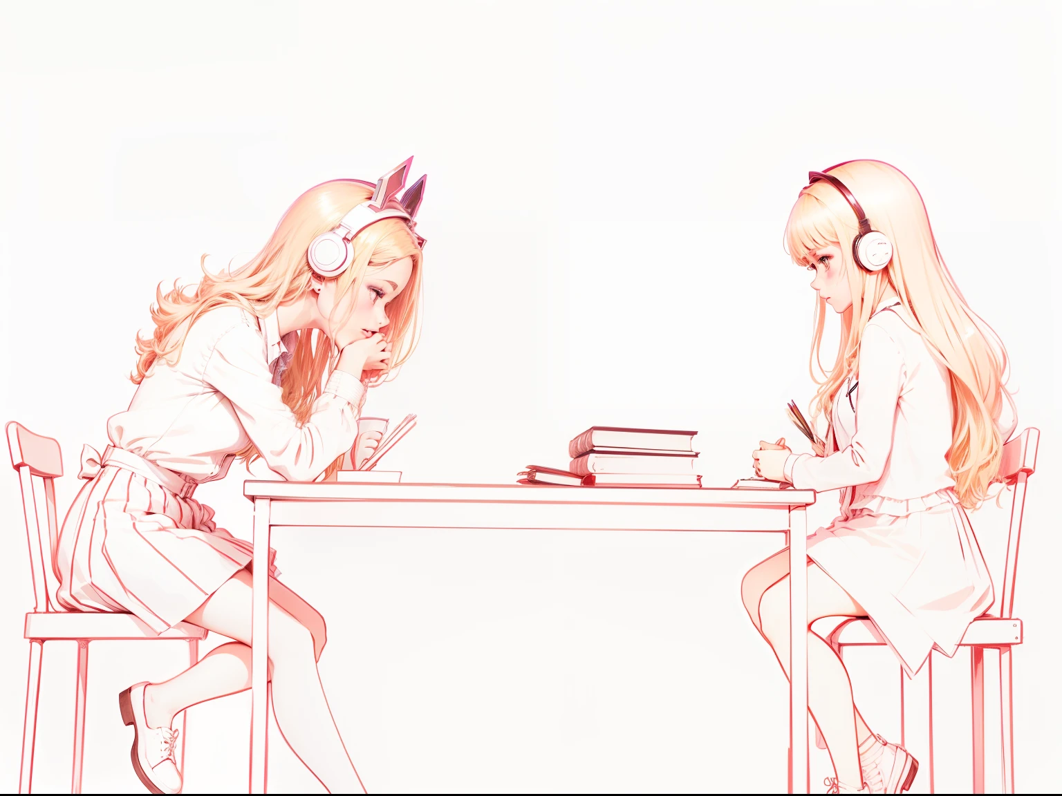 Color this picture，Brunette on the left，Blonde hair on the right，Plus the scene（libraryai）