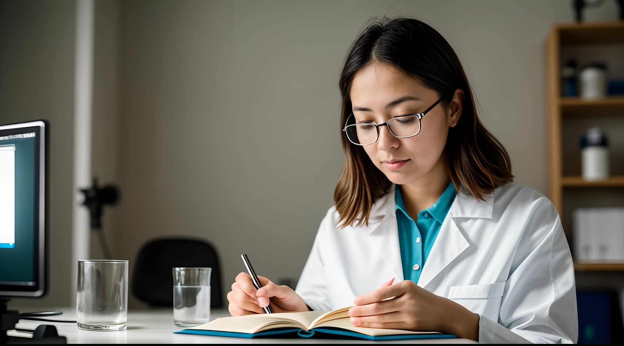 instagram photo, closeup face photo A female scientist meticulously documenting her observations in a notebook, meticulous, methodical, Panasonic Lumix GH5 with 50mm f/1.8 lens, even studio lighting, still life photography.