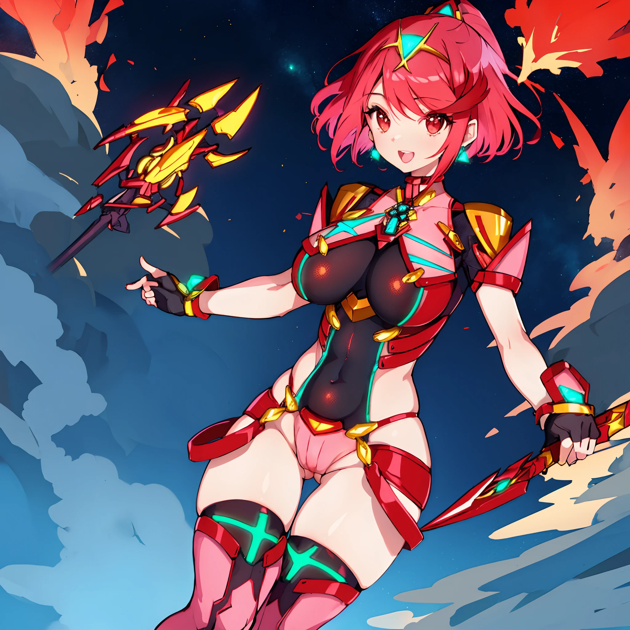 pyra \(xenoblade\), _1girl, lolimor, bangs, black gloves, breasts, red eyes, light_open_mouth, earrings, eyelashes, fingerless gloves, floating hair, framed breasts, gem, gloves, hair ornament, headpiece, jewelry, big_breasts, leaning back, leotard, neon trim, official art, pose, red hair, red shorts, saitou masatsugu, short hair, short shorts, short sleeves, shorts, sidelocks, skin tight, solo, standing, swept bangs, thighhighs, tiara, night_prairie_background, turtleneck, underbust, vambraces, xenoblade chronicles \(series\), (xenoblade chronicles 2), (spread_legs:1.1), fire_effect,dynamic_pose,fighting,light_smile, (plump:1.4), big_ass,huge_sword, hold_large_sword_hilt, scovered_nipples, (covered_pussy:1.2),cameltoe,back_view, fists,ponytail,plump,beautiful_fingers,(solo:1.1),
