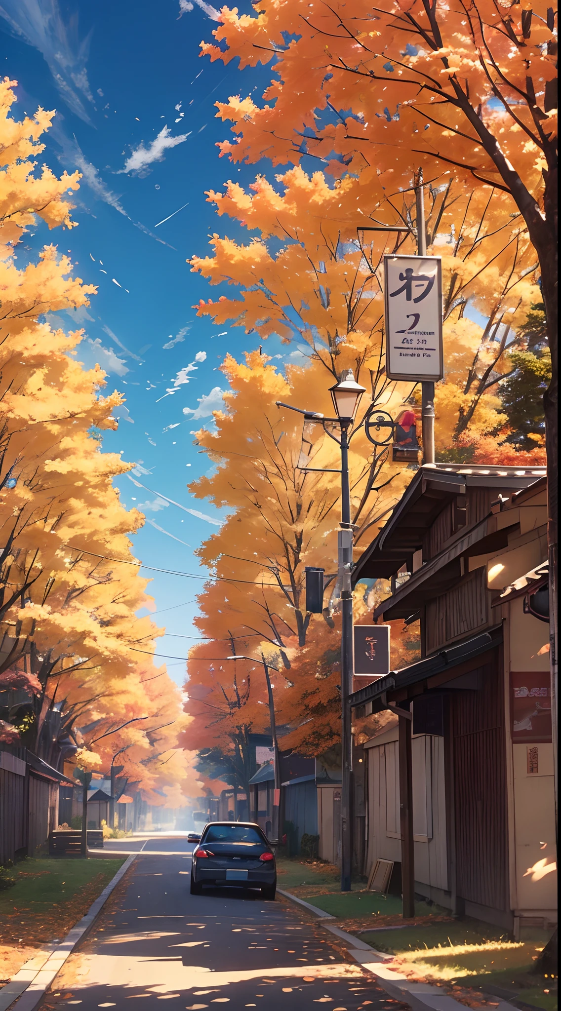 Makoto Shinkai、((A masterpiece)),((Highest quality)),、anime big breast、,、Autumn sky、The tree is dead、1womanl、Looking Up The Sky、Autumn、Beautiful scenery、Beautiful sky、There was a little wind、from back、From under your feet、Perspective、