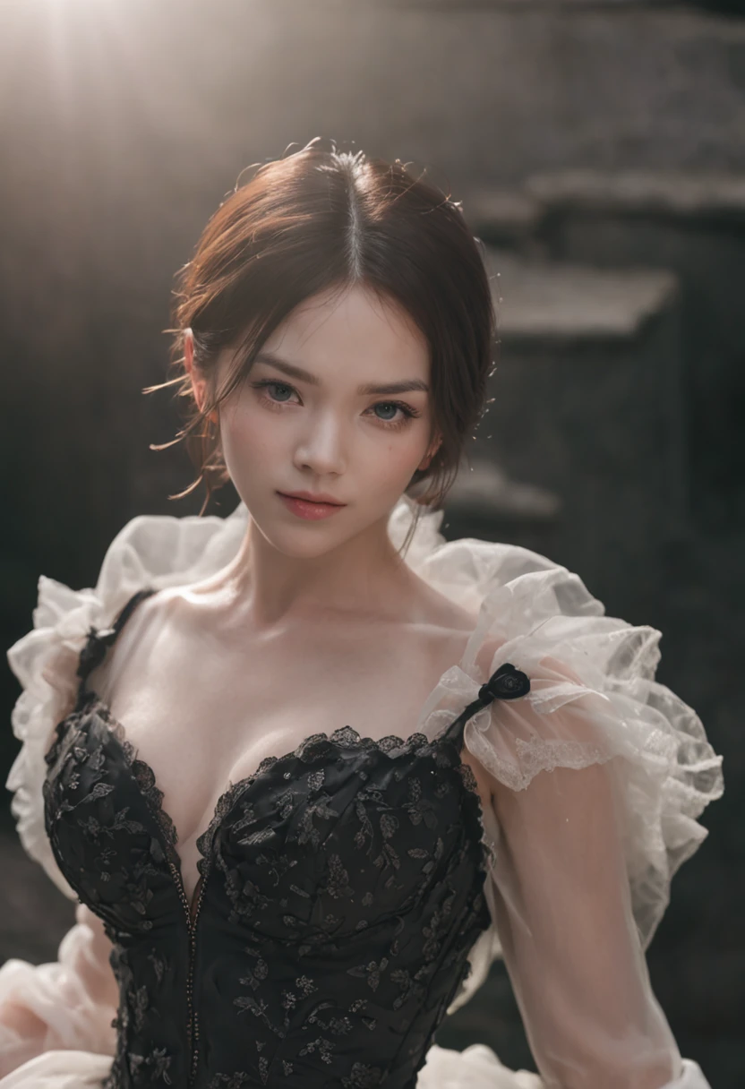 (One lady)、Full face portrait photo of 25 year old European girl, raw, Beautie, blue eyes, Semi-open strawberry lip, (short dark hair), ((详细的脸)), ((detailedfacialfeatures)), (Detailed thin skin), pale-skinned, (cold color), Reflectors, (Shot with the masterpiece Canon EOS R5 (细节) (photos realistic) (Detailed Detailing) 50mm spring, F/2.8, nffsw, (8K) (wall-paper) (cinematic lightening) (dramatic lighting) (foco nítido) (complex), Raw foto, Raw foto, Gigachade Photos, Camera Pose, Black latex, 8K UHD, Digital SLR, hightquality, Grain films, FUJI XT3, Film Stock Photo 4 Kodak Portra 400 Camera F1.6 Lenses Rich Color Ultra-Realistic Textures Dramatic Lighting Unreal Engine Art Station Trends Cinestill 4B8r3B4p7yhRXuBWLqsQ546WR43cqQwrbXMDFnBi6vSJBei F8tPW85a7r7DM961Jvk4hdryZoByEp8GC8HzsqJpRN4FxGM9mess, musculature, Ruptured veins, bead, (( black sexy dresses)),