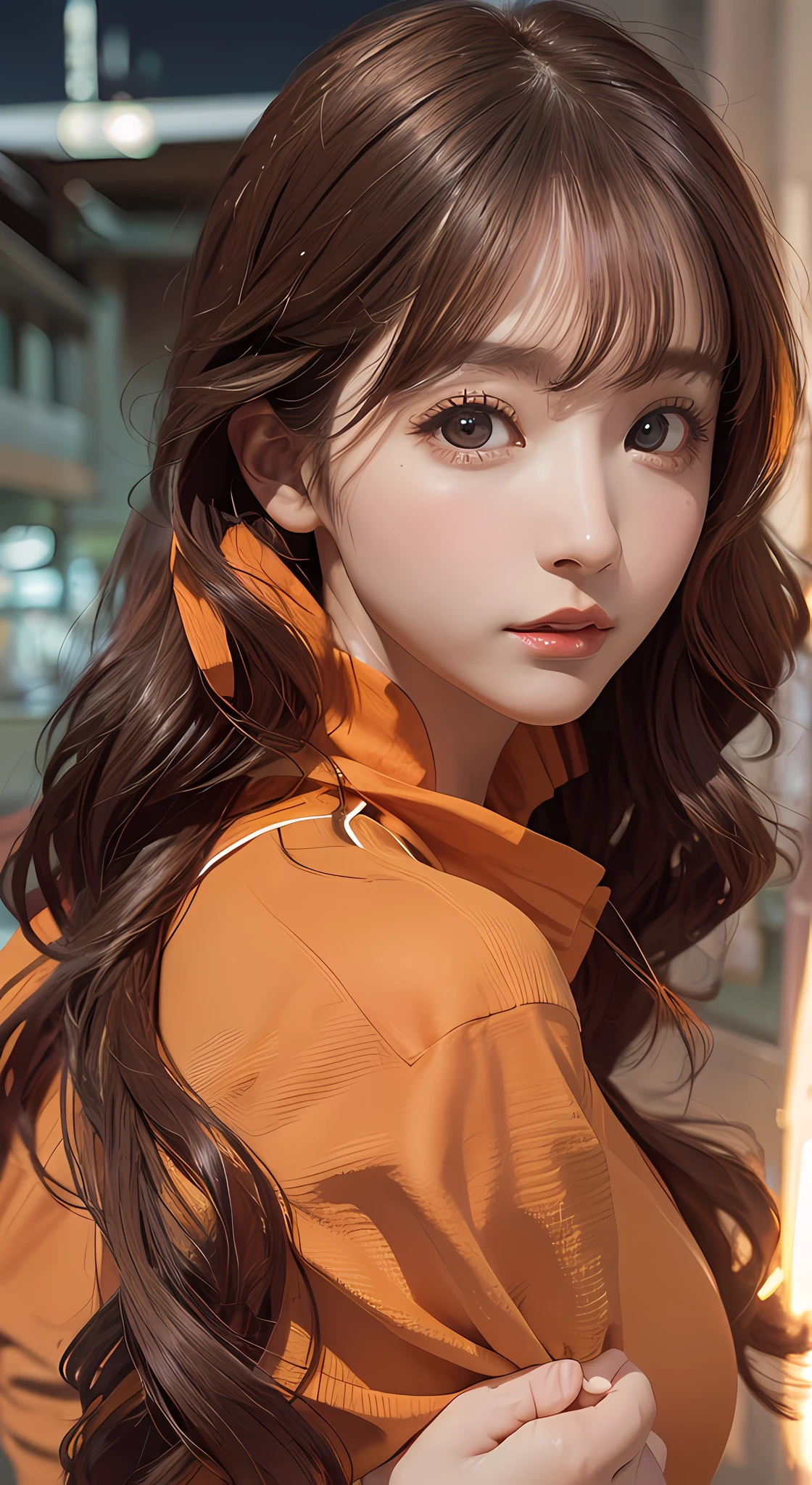 Masterpiece, 1 beautiful girl, Detailed eyes, Puffy eyes, Best quality, hyper HD, (reality: 1.4), Cinematic lighting, Japan, Asian beauty, Korean, Super beautiful, Beautiful skin, Slender, body facing front, (Ultra-realistic), (high resolution), (8K), (Very detailed), (Best Illustration), (Beautiful and detailed eyes), (Super detailed), (the wallpaper), Detailed face, Bright lighting, Professional lighting, looking at viewert, Staring straight ahead, The costume is a neat light orange shirt and dress, 46-point diagonal bangs, Night view, Black hair (Some orange hair with mesh), Nogizaka 46, Asuka Saito,