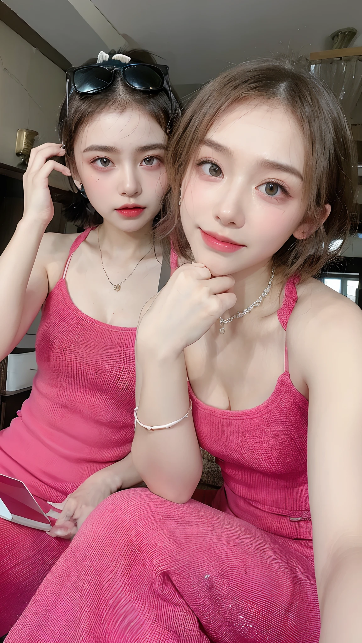Top quality, Masterpiece, 超高分辨率, (Realistic, : 1.4), Original photo, (True skin texture: 1.3), (filmgrain: 1.3), in a panoramic view, Portrait, Very wide lens, Narrow waist, cowboy lens, (bangs, Inconspicuous, Cold light,) Night, Close-up, Tears, Short hair, neck long, ears sticking out, bangs, Big eyes, Brightly Colored Eyes, In the house, Dust, Tindall effect, (Facial expression), Sitting, (hitting a wall), Crying, Frowning, (Looking down), Nervousness, Tears, smiling happily
one girl, eyes and face with beautiful details, White jabot, pink dark V, Brown eyes,